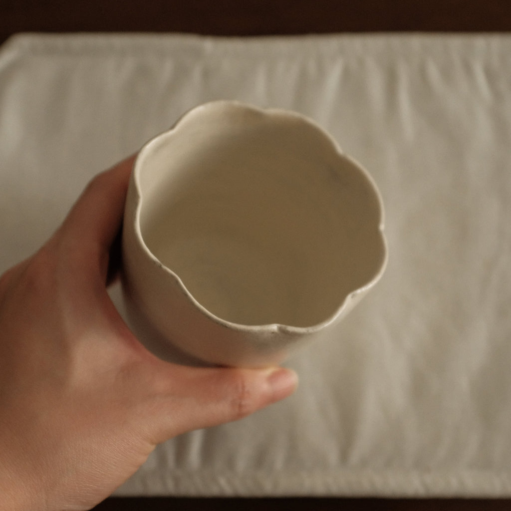 Yuli Handmade Snow White Floral Rim Choko Cup Powdered Glaze Underglazed Stoneware