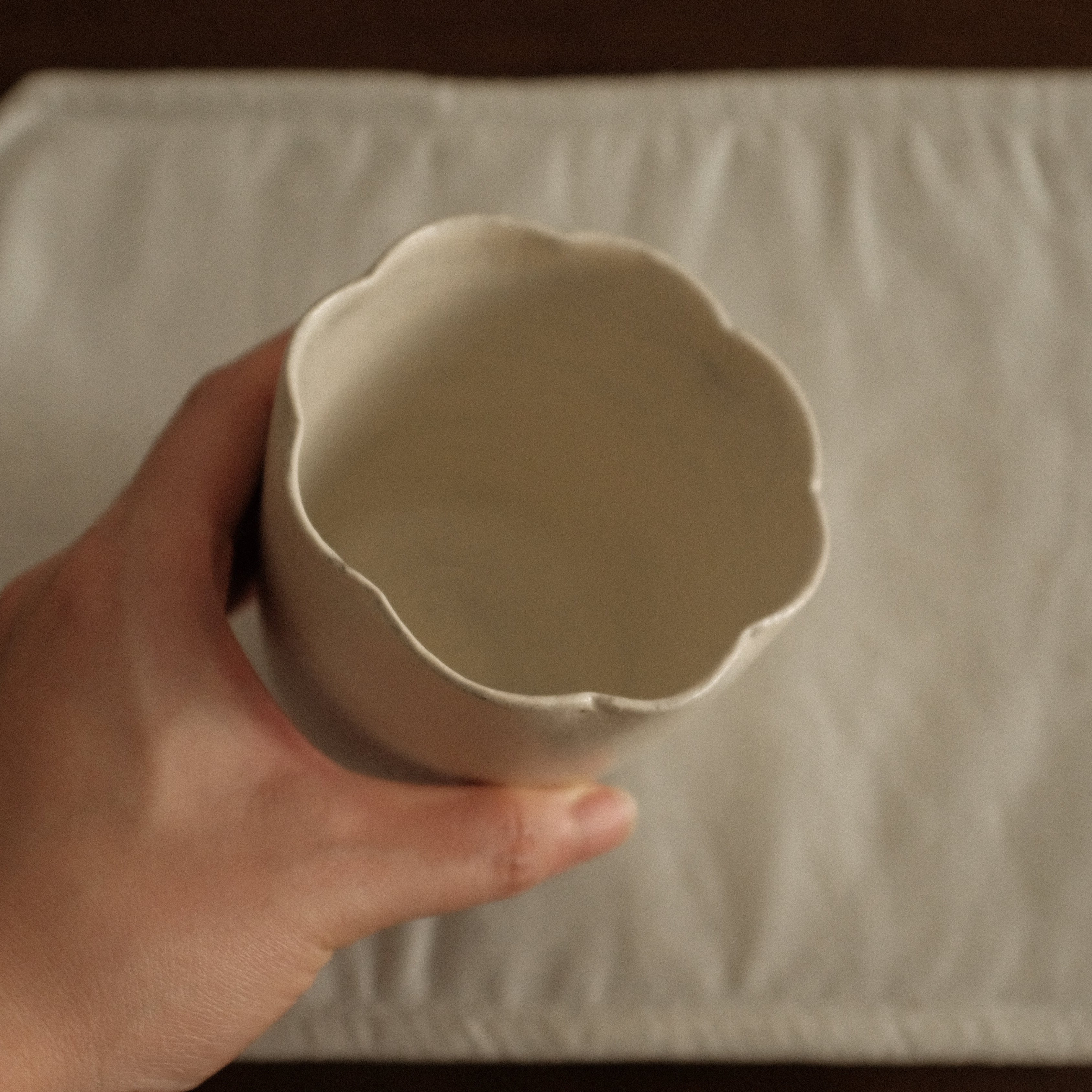 Yuli Handmade Snow White Floral Rim Choko Cup Powdered Glaze Underglazed Stoneware