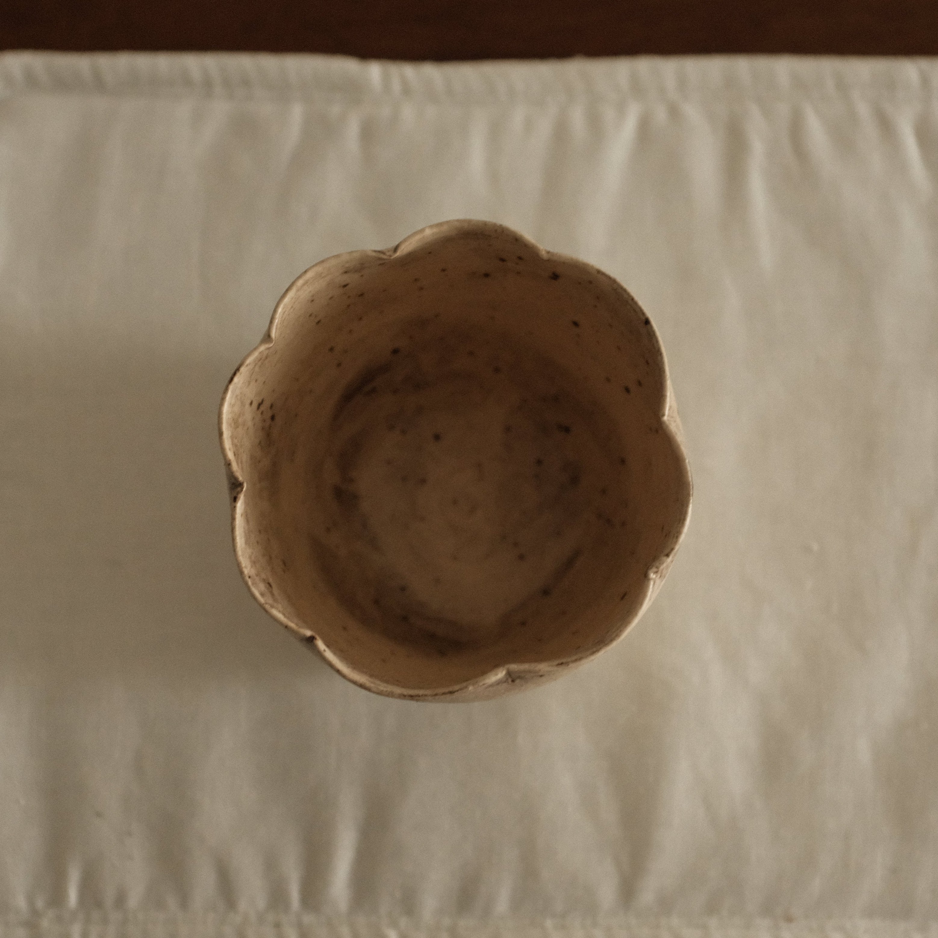 Yuli Handmade Speckled Beige Grey Floral Rim Choko Cup Powdered Glaze Underglaze Stoneware