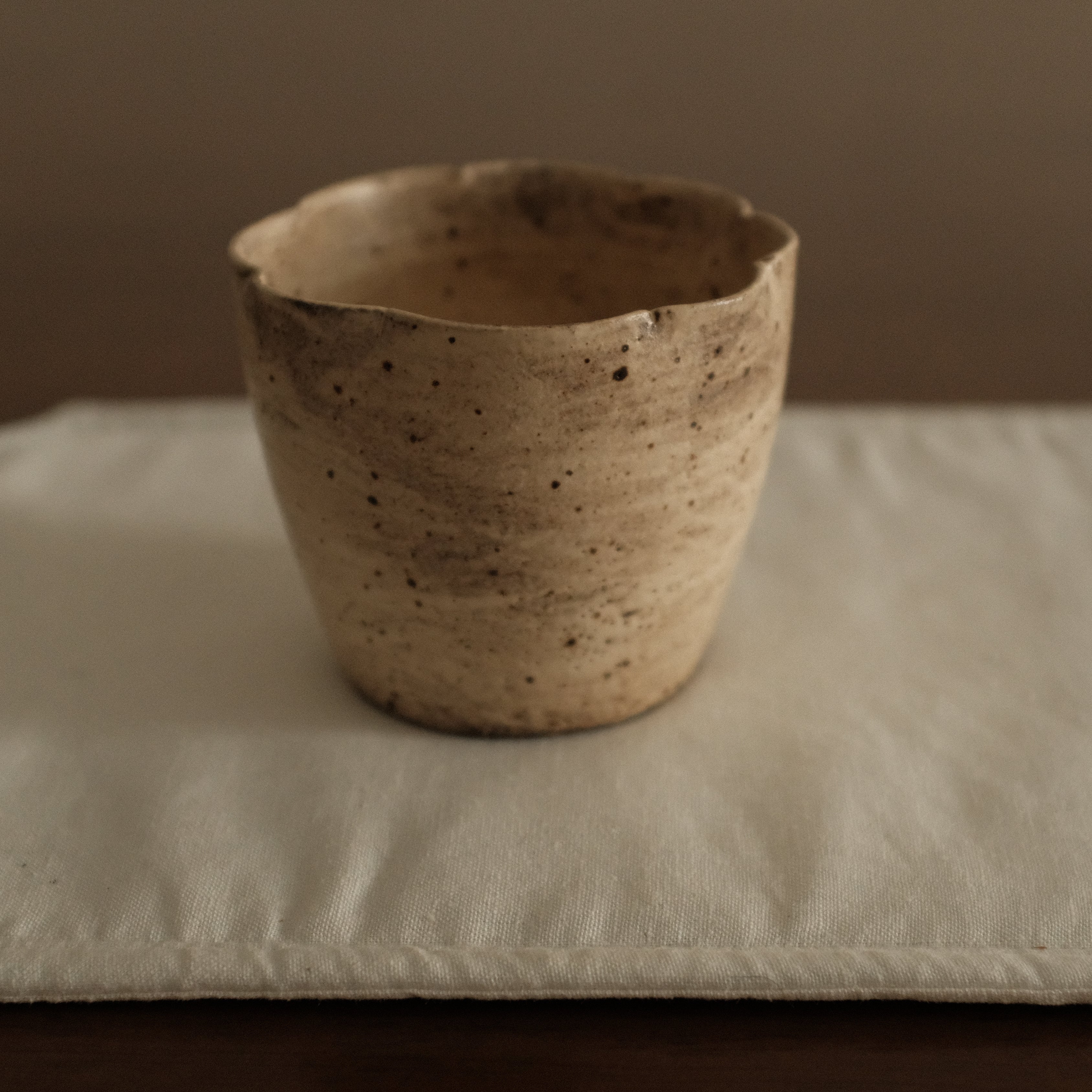 Yuli Handmade Speckled Beige Grey Floral Rim Choko Cup Powdered Glaze Underglaze Stoneware