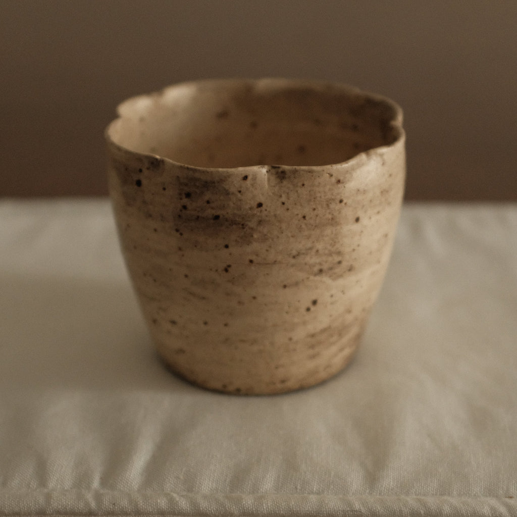 Yuli Handmade Speckled Beige Grey Floral Rim Choko Cup Powdered Glaze Underglaze Stoneware