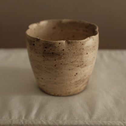 Yuli Handmade Speckled Grey Beige Floral Rim Choko Cup Powdered Glaze Underglaze Stoneware