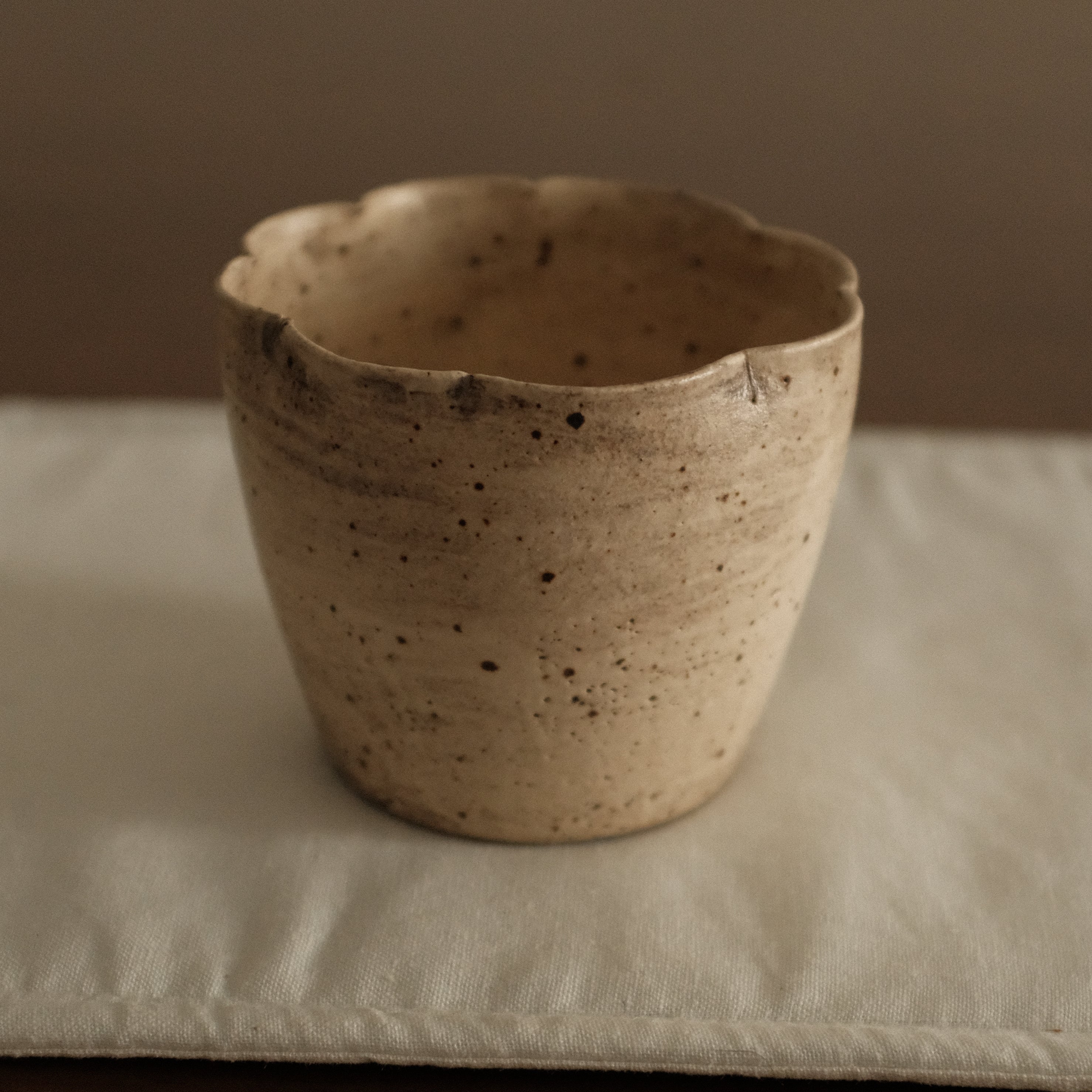 Yuli Handmade Speckled Beige Grey Floral Rim Choko Cup Powdered Glaze Underglaze Stoneware