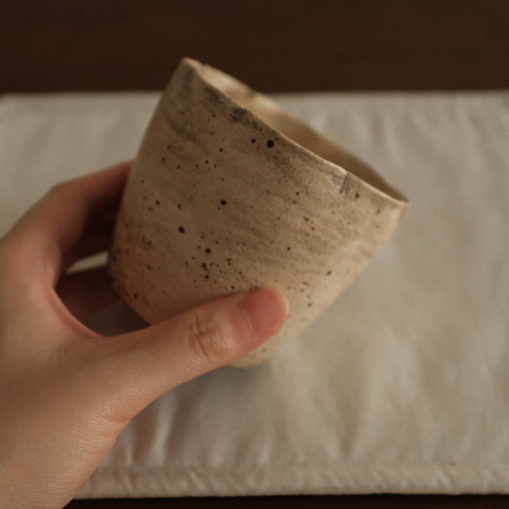 Yuli Handmade Speckled Beige Grey Floral Rim Choko Cup Powdered Glaze Underglaze Stoneware