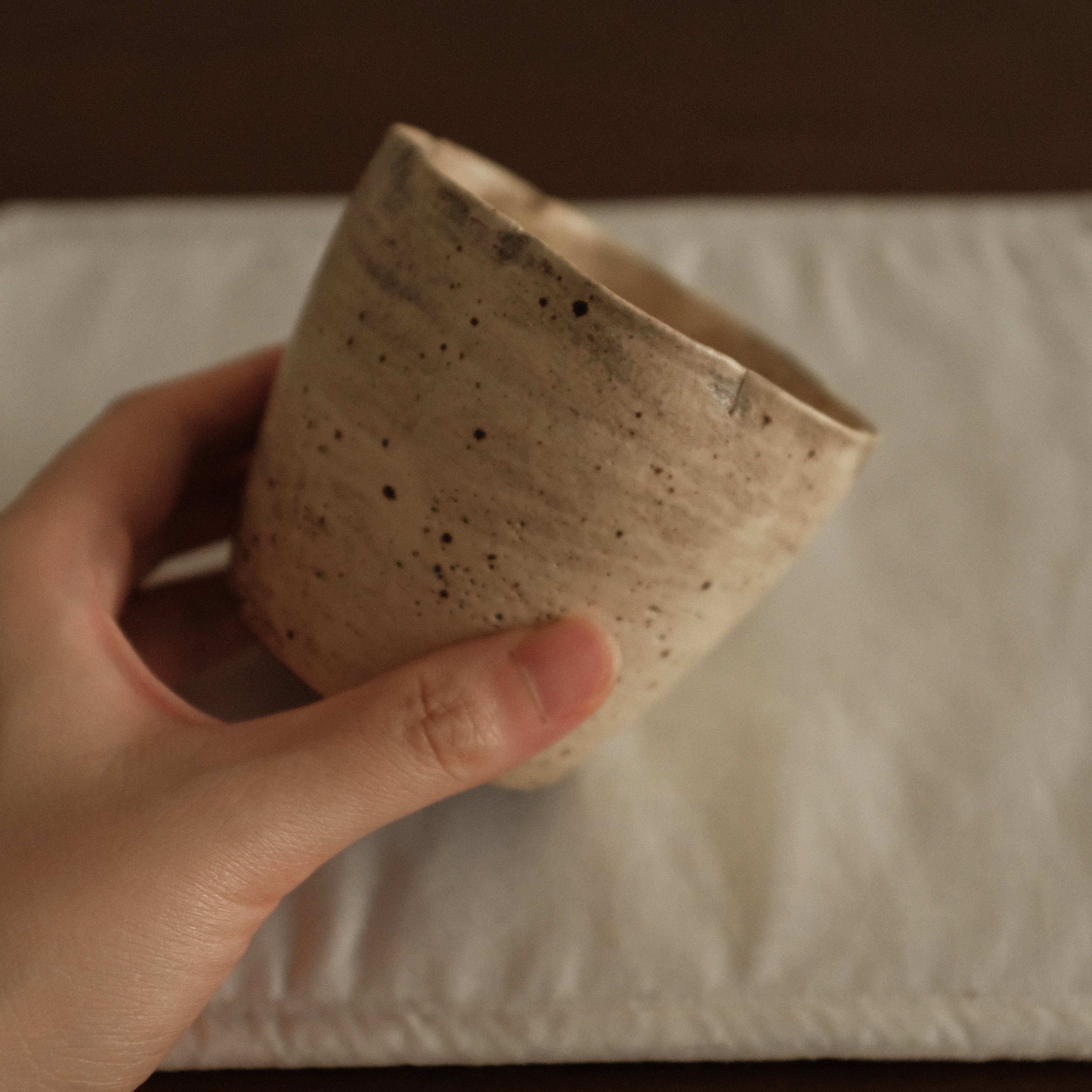 Yuli Handmade Speckled Beige Grey Floral Rim Choko Cup Powdered Glaze Underglaze Stoneware