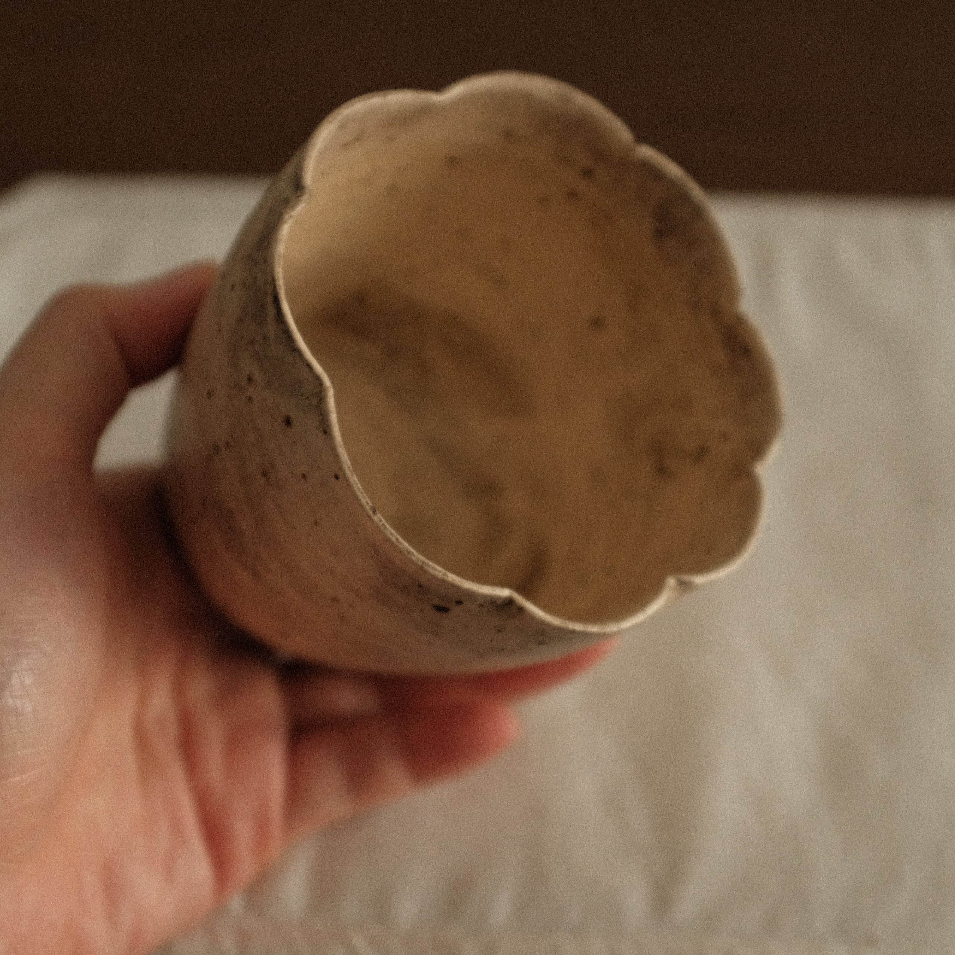 Yuli Handmade Speckled Beige Grey Floral Rim Choko Cup Powdered Glaze Underglaze Stoneware