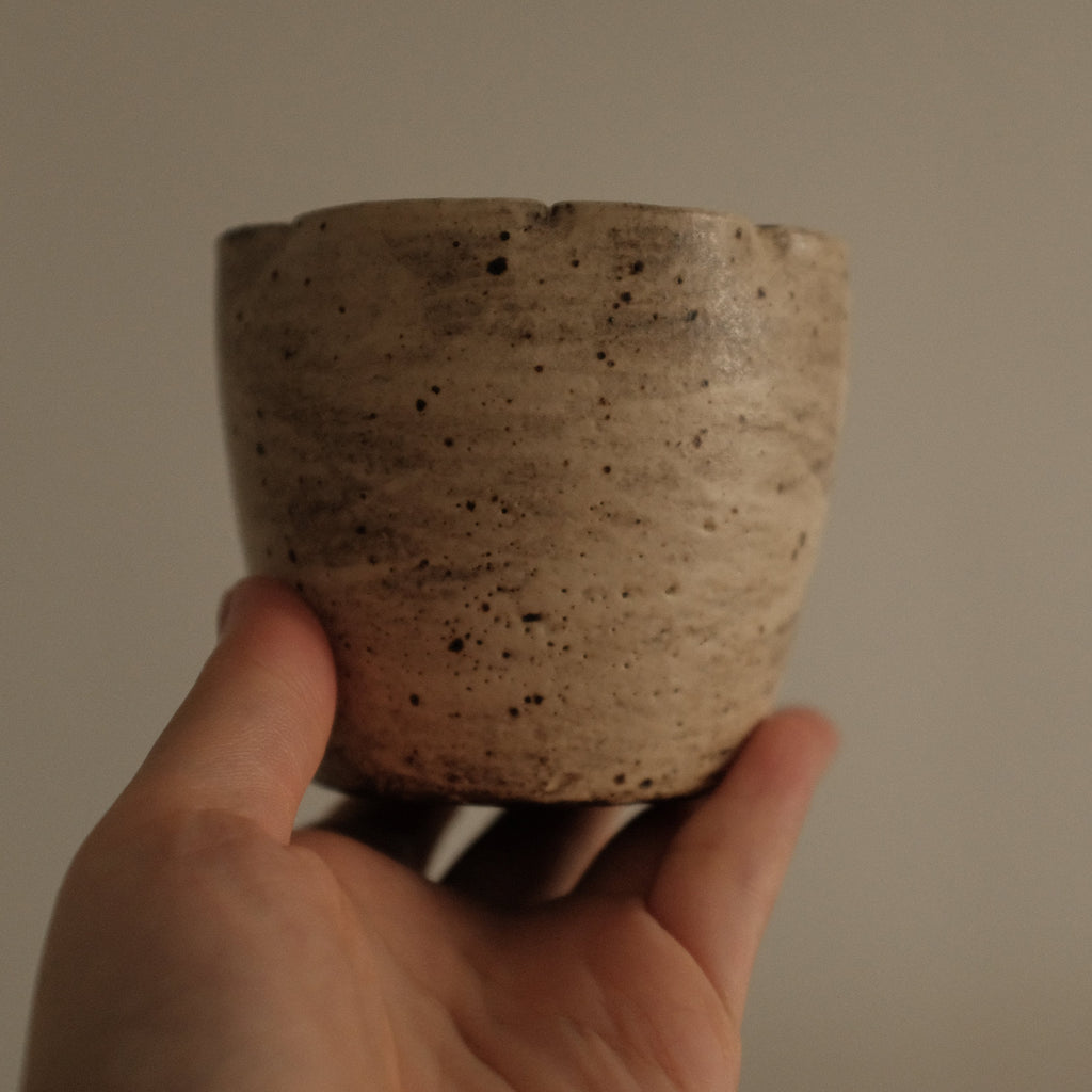 Yuli Handmade Speckled Beige Grey Floral Rim Choko Cup Powdered Glaze Underglaze Stoneware