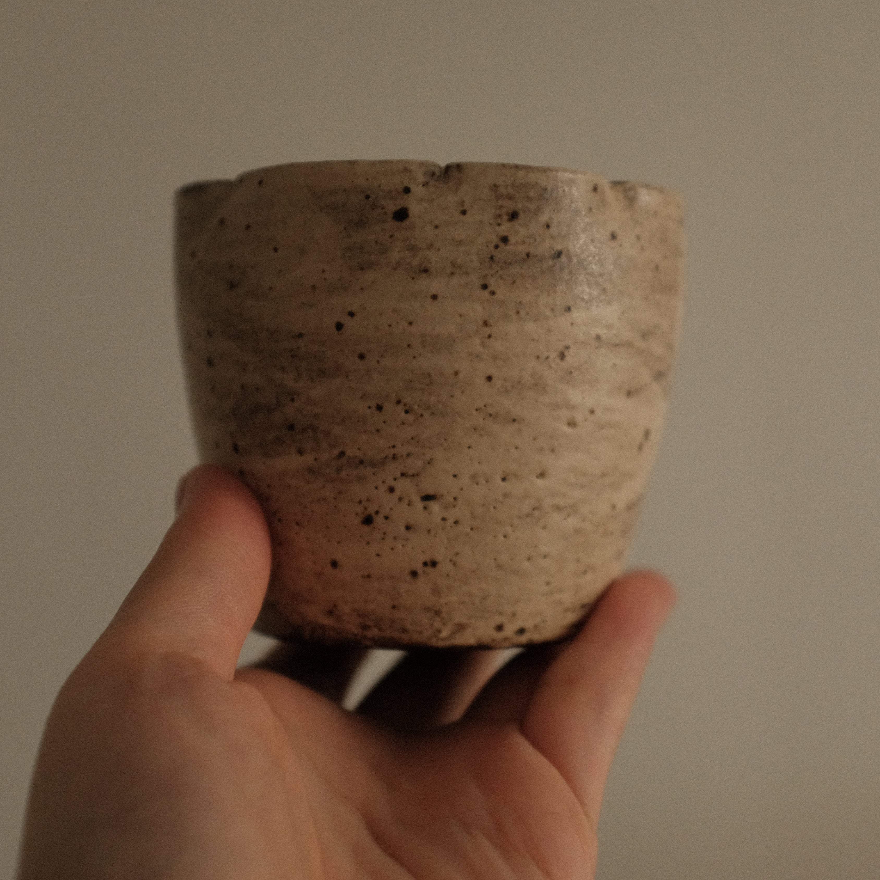 Yuli Handmade Speckled Beige Grey Floral Rim Choko Cup Powdered Glaze Underglaze Stoneware