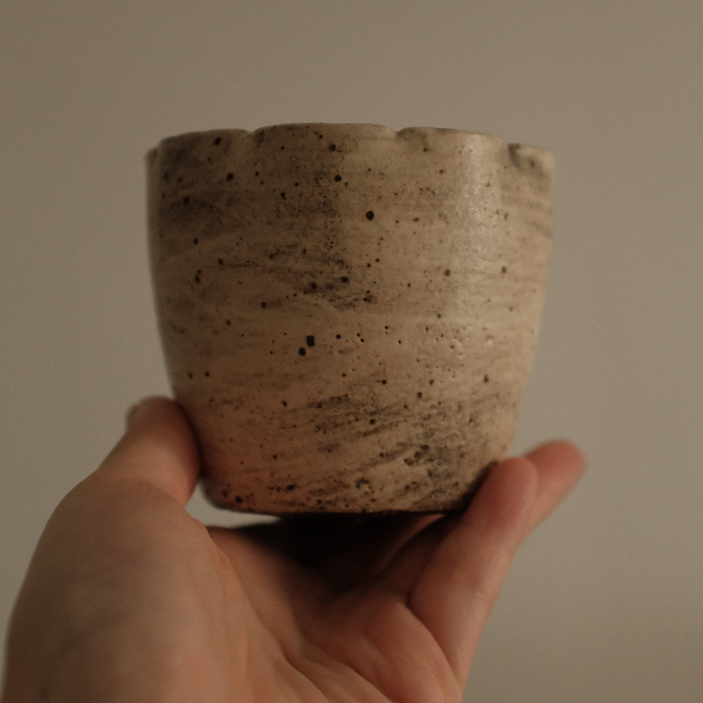Yuli Handmade Speckled Beige Grey Floral Rim Choko Cup Powdered Glaze Underglaze Stoneware