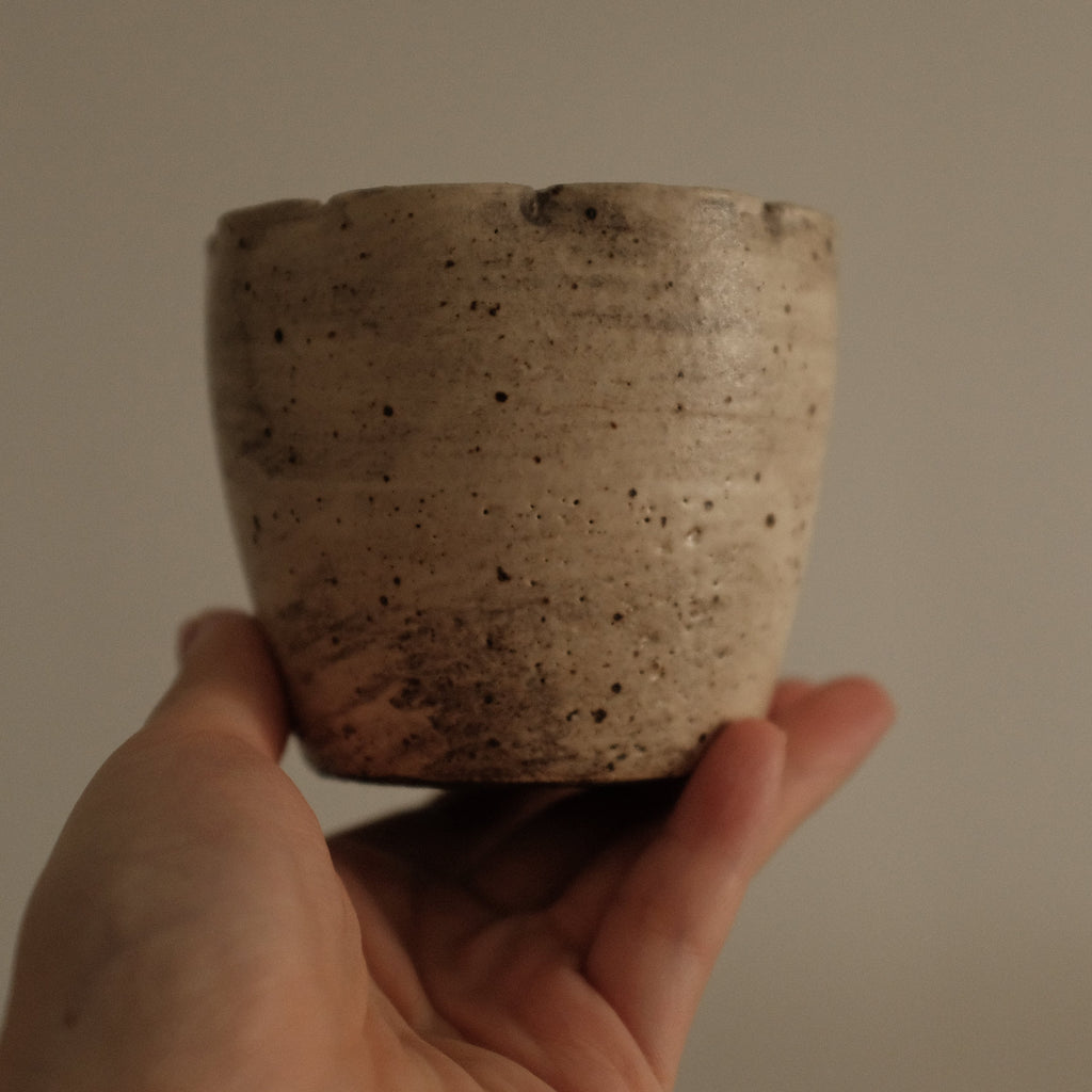 Yuli Handmade Speckled Beige Grey Floral Rim Choko Cup Powdered Glaze Underglaze Stoneware