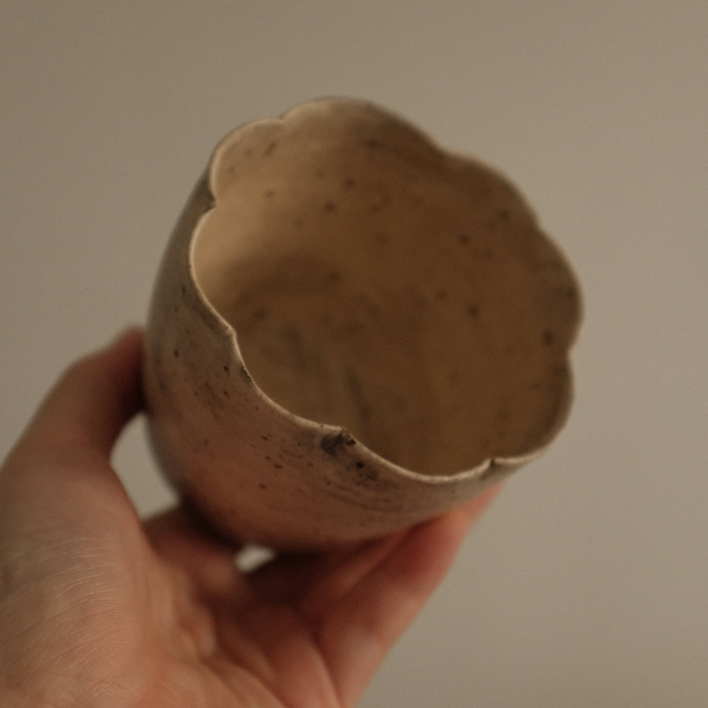 Yuli Handmade Speckled Beige Grey Floral Rim Choko Cup Powdered Glaze Underglaze Stoneware