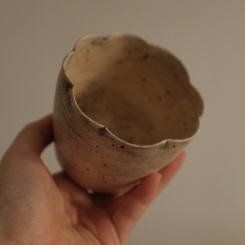 Yuli Handmade Speckled Beige Grey Floral Rim Choko Cup Powdered Glaze Underglaze Stoneware