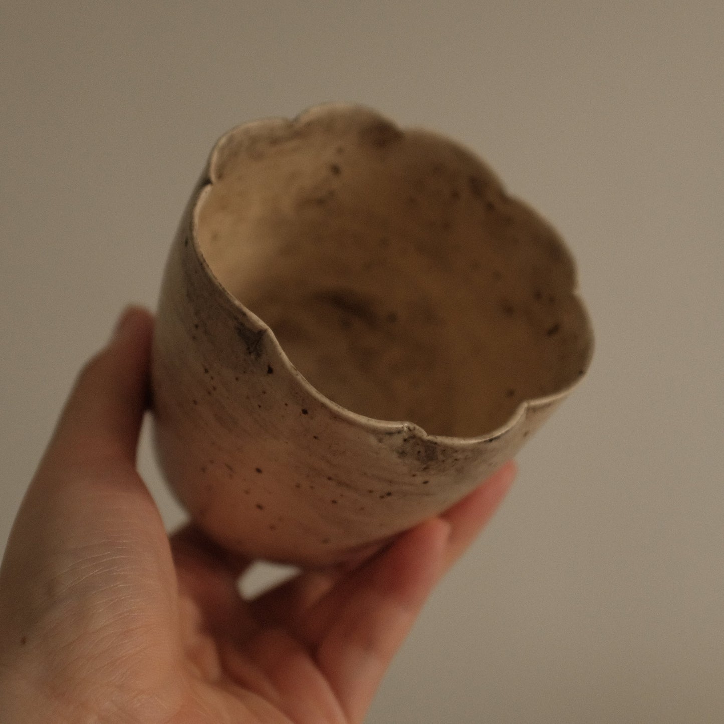Yuli Handmade Speckled Grey Beige Floral Rim Choko Cup Powdered Glaze Underglaze Stoneware