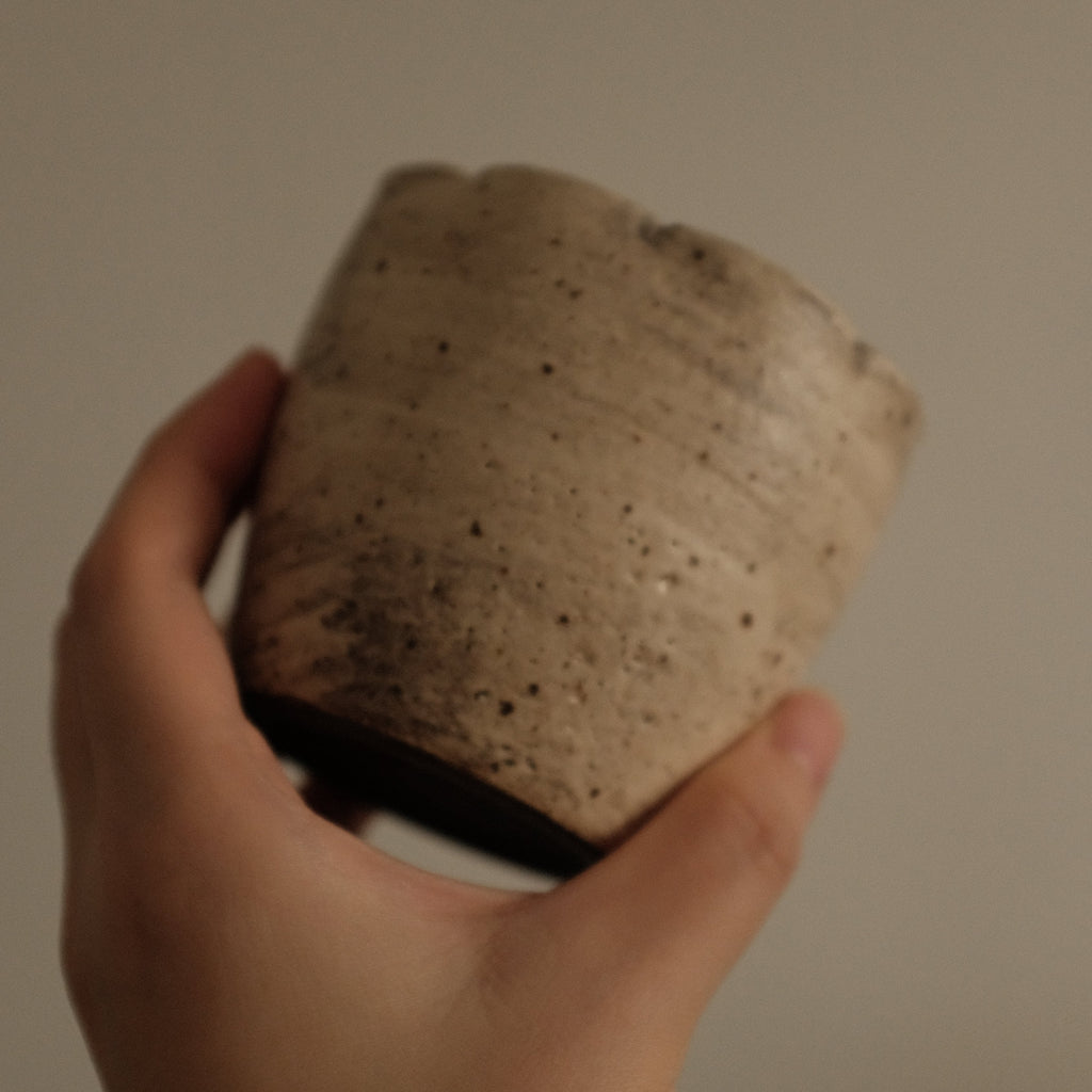 Yuli Handmade Speckled Beige Grey Floral Rim Choko Cup Powdered Glaze Underglaze Stoneware