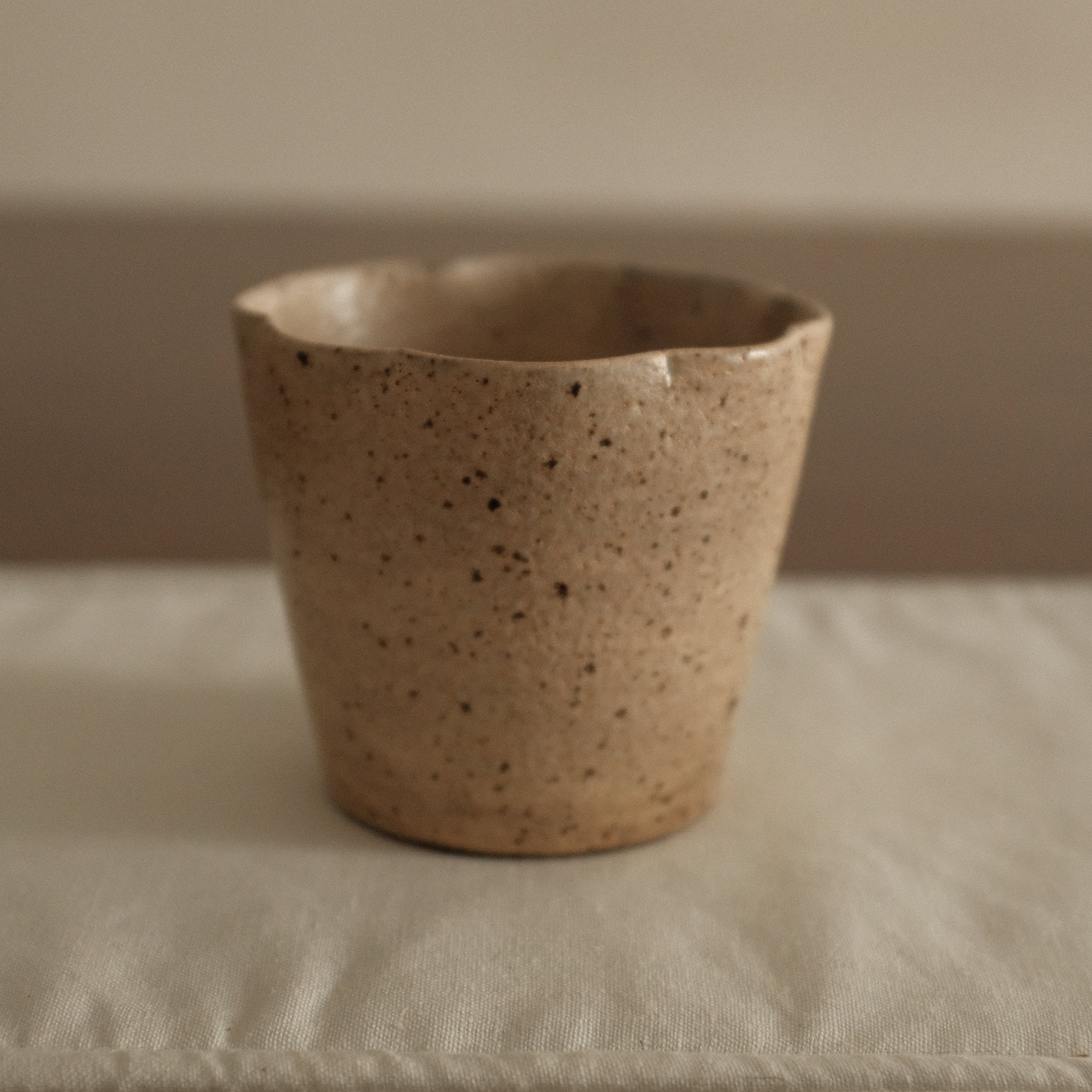 Yuli Handmade Speckled Beige Floral Rim Choko Cup Powdered Glaze Underglazed Stoneware