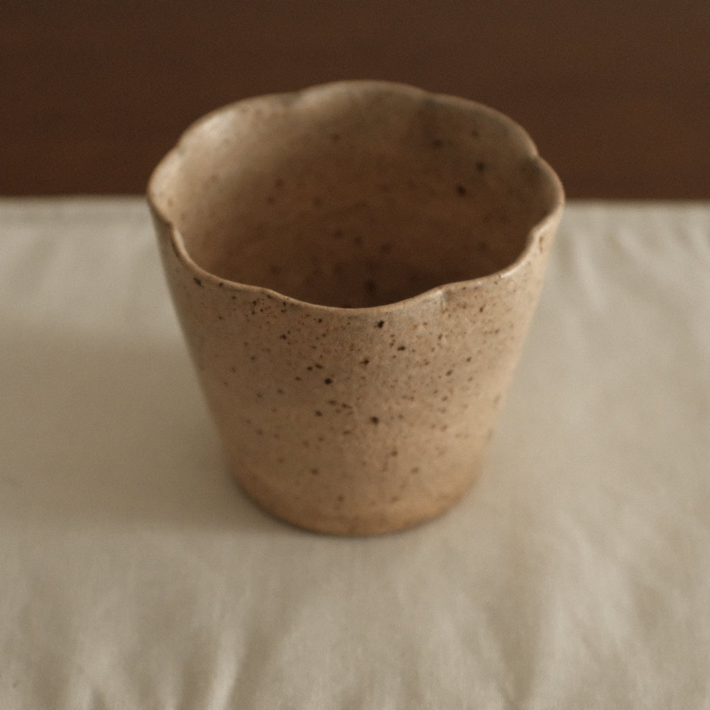 Yuli Handmade Speckled Beige Floral Rim Choko Cup Powdered Glaze Underglazed Stoneware
