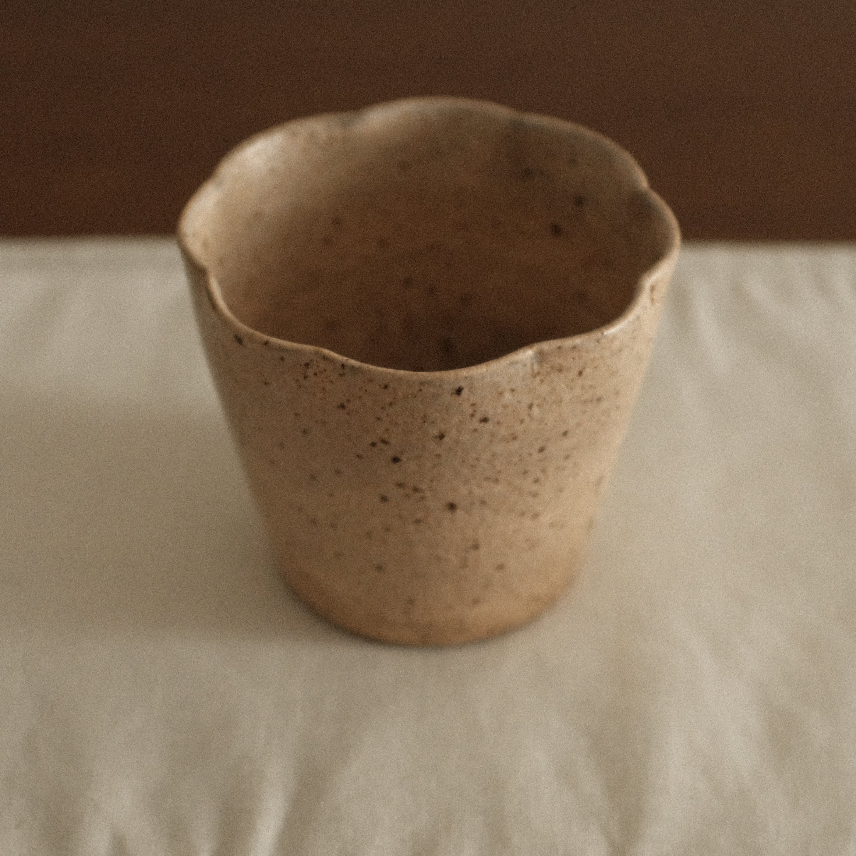 Yuli Handmade Speckled Beige Floral Rim Choko Cup Powdered Glaze Underglazed Stoneware