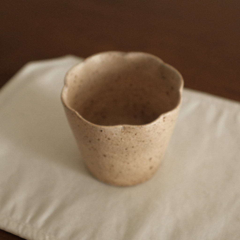Yuli Handmade Speckled Beige Floral Rim Choko Cup Powdered Glaze Underglazed Stoneware