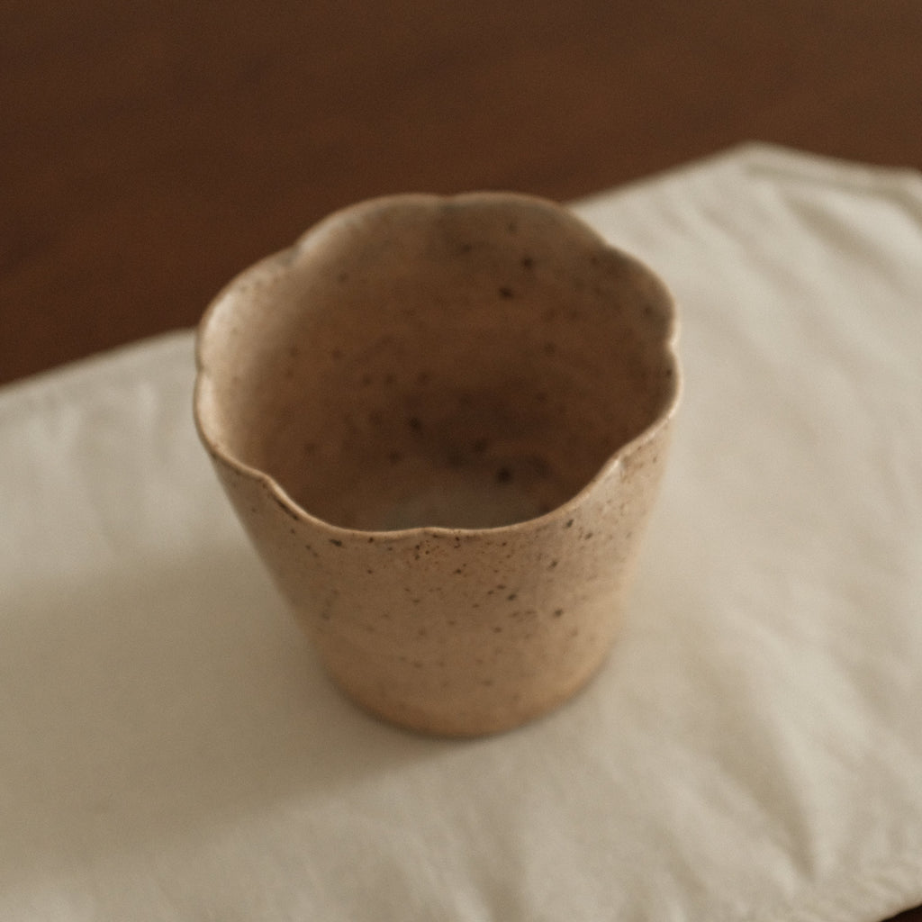 Yuli Handmade Speckled Beige Floral Rim Choko Cup Powdered Glaze Underglazed Stoneware
