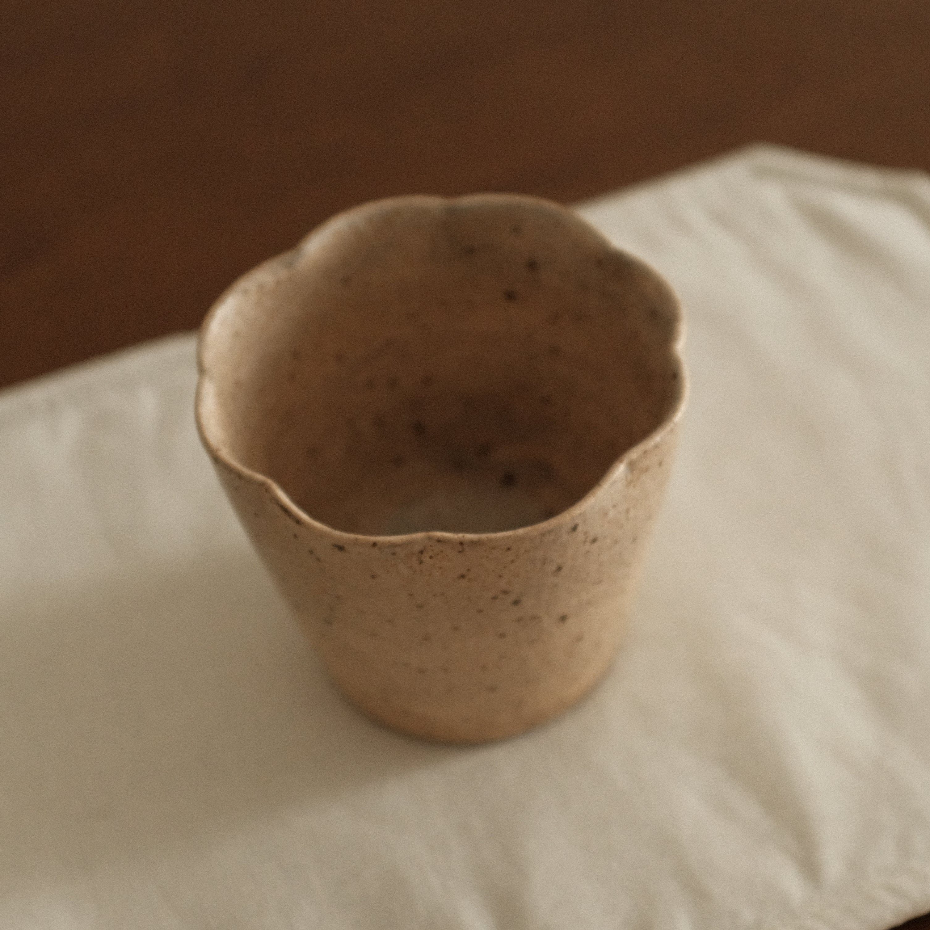 Yuli Handmade Speckled Beige Floral Rim Choko Cup Powdered Glaze Underglazed Stoneware