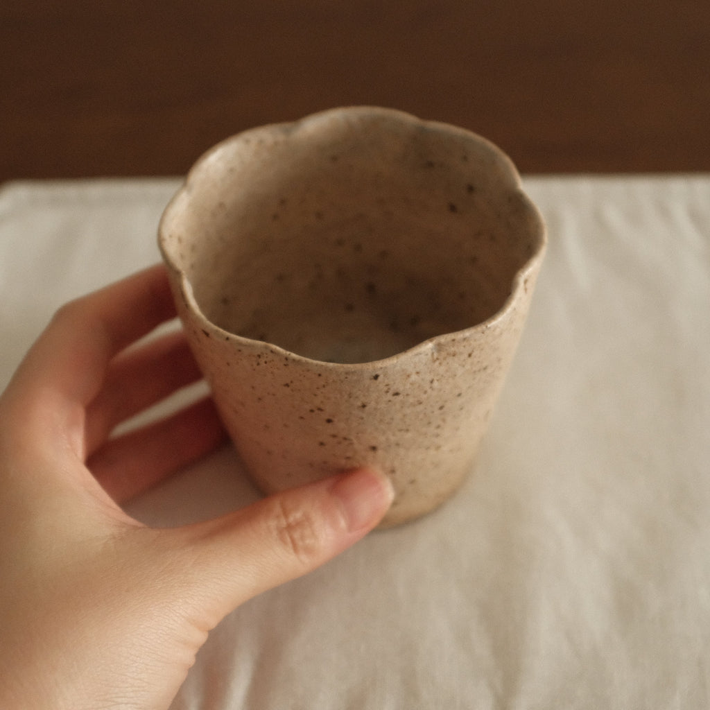 Yuli Handmade Speckled Beige Floral Rim Choko Cup Powdered Glaze Underglazed Stoneware