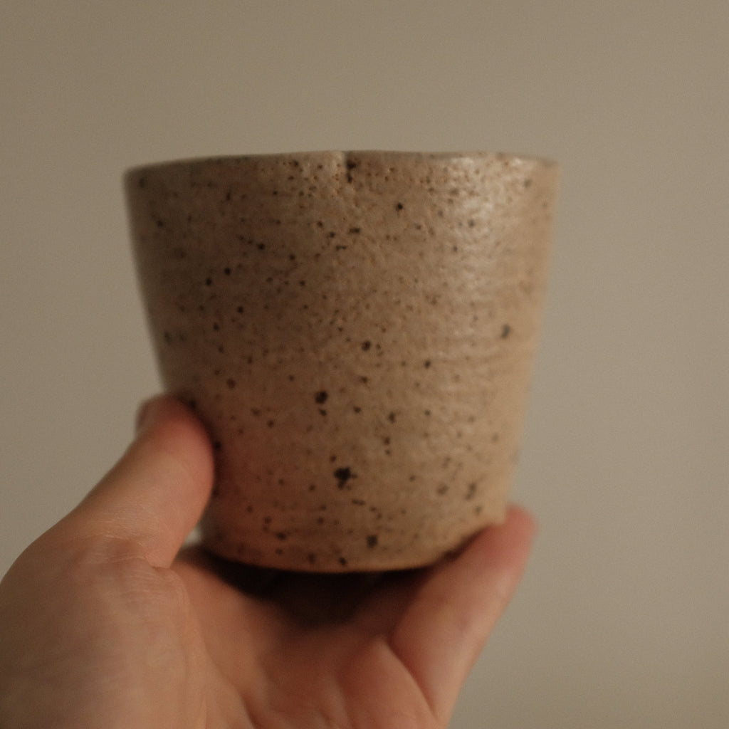 Yuli Handmade Speckled Beige Floral Rim Choko Cup Powdered Glaze Underglazed Stoneware