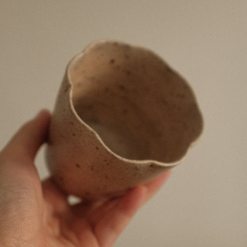 Yuli Handmade Speckled Beige Floral Rim Choko Cup Powdered Glaze Underglazed Stoneware