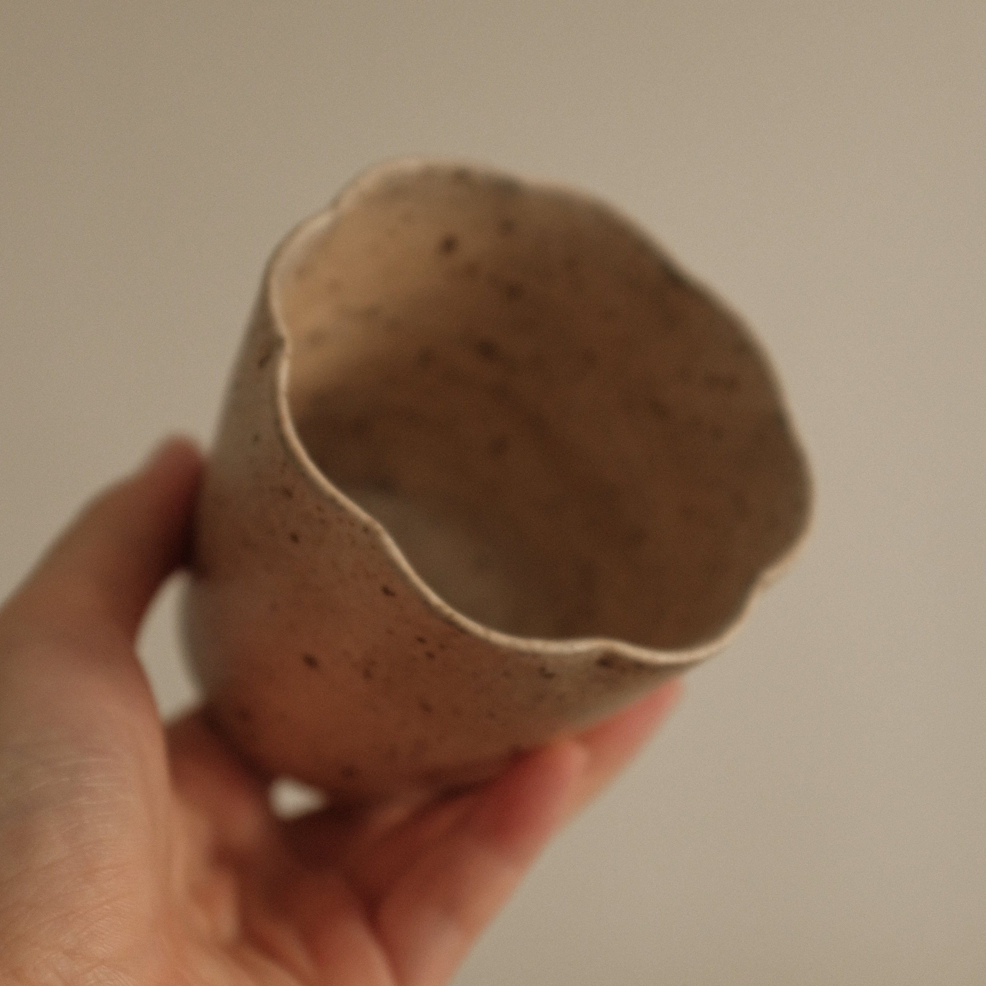 Yuli Handmade Speckled Beige Floral Rim Choko Cup Powdered Glaze Underglazed Stoneware