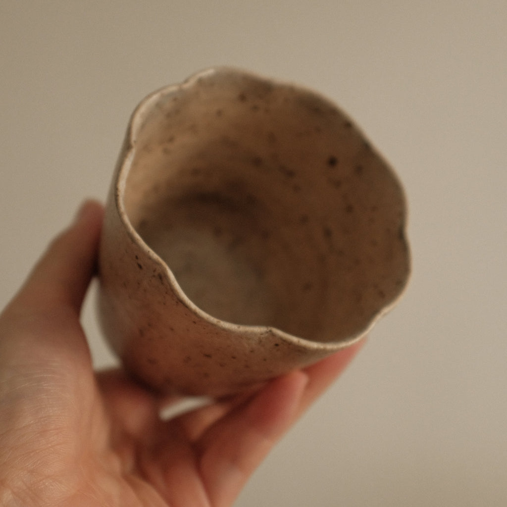 Yuli Handmade Speckled Beige Floral Rim Choko Cup Powdered Glaze Underglazed Stoneware