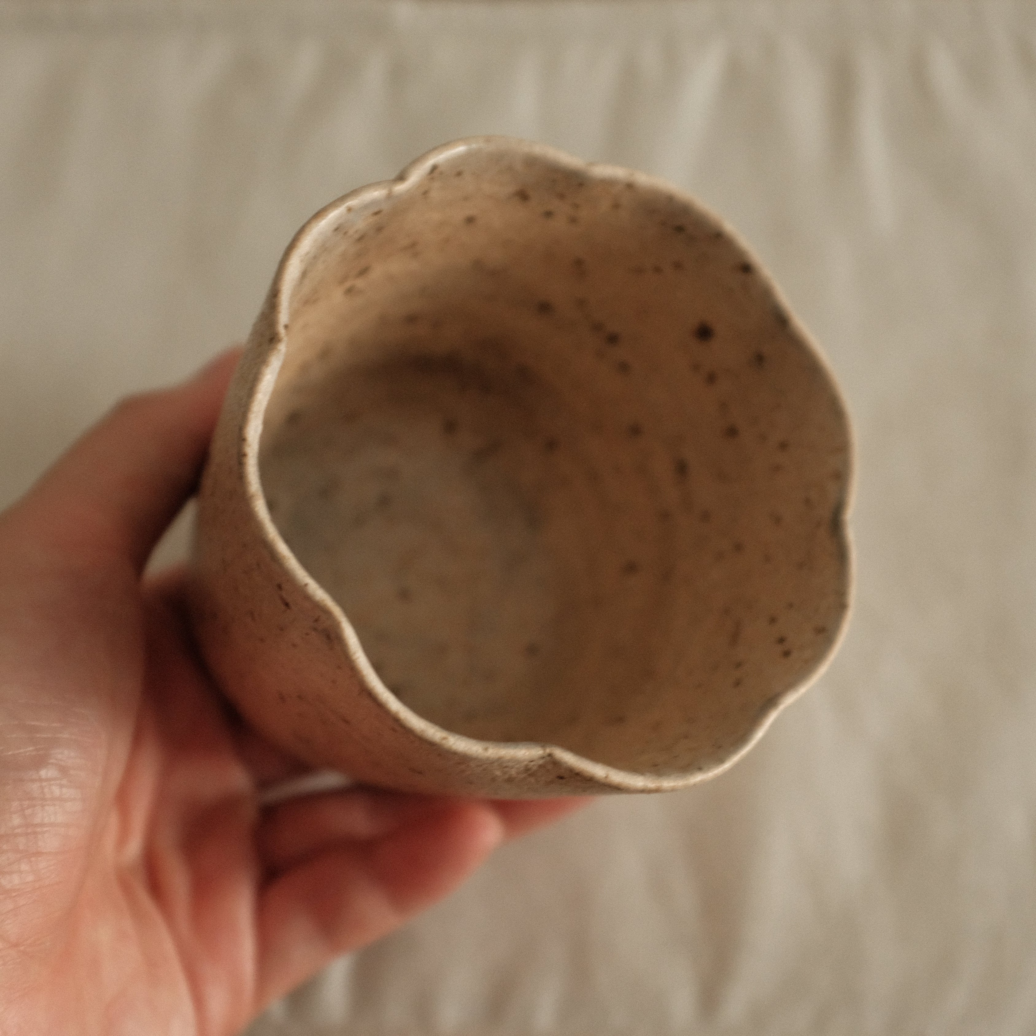 Yuli Handmade Speckled Beige Floral Rim Choko Cup Powdered Glaze Underglazed Stoneware