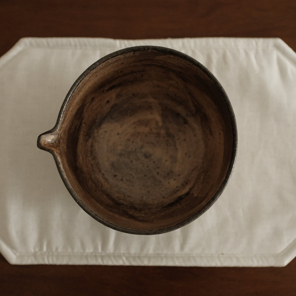 Yuli Handmade Speckled Brown Grey Katakuchi Chawan Matcha Bowl Powdered Glaze Underglazed Stoneware