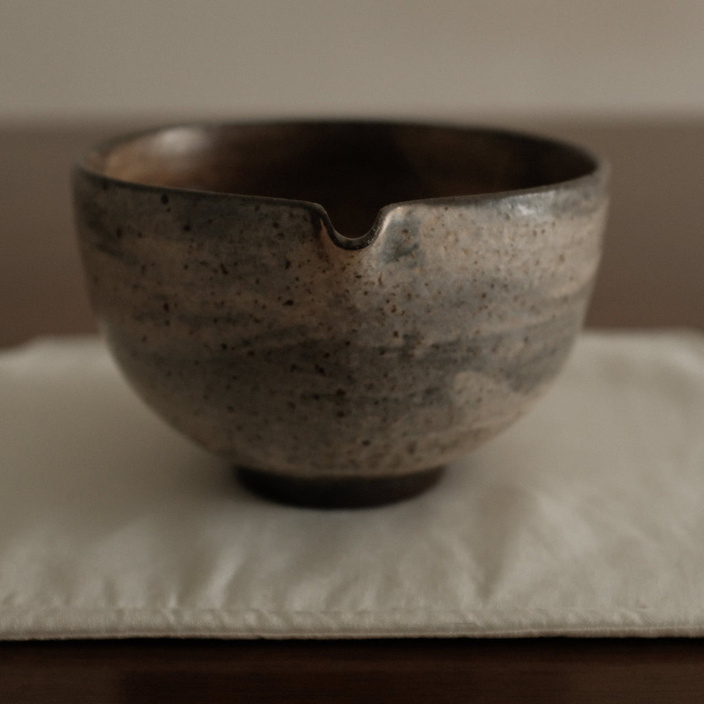 Yuli Handmade Speckled Brown Grey Katakuchi Chawan Matcha Bowl Powdered Glaze Underglazed Stoneware