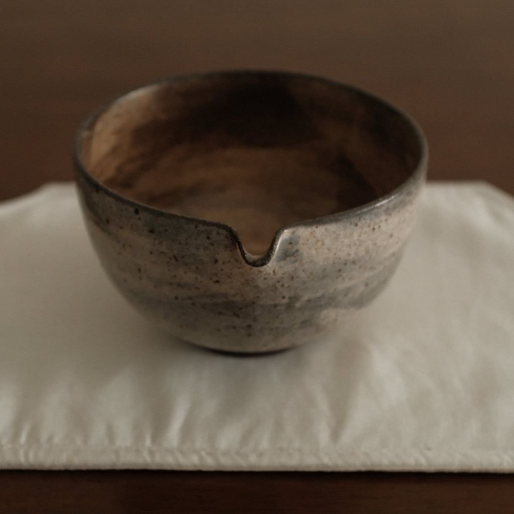 Yuli Handmade Speckled Brown Grey Katakuchi Chawan Matcha Bowl Powdered Glaze Underglazed Stoneware