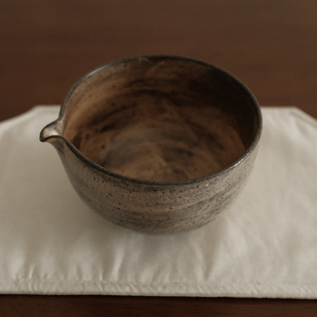 Yuli Handmade Speckled Brown Grey Katakuchi Chawan Matcha Bowl Powdered Glaze Underglazed Stoneware