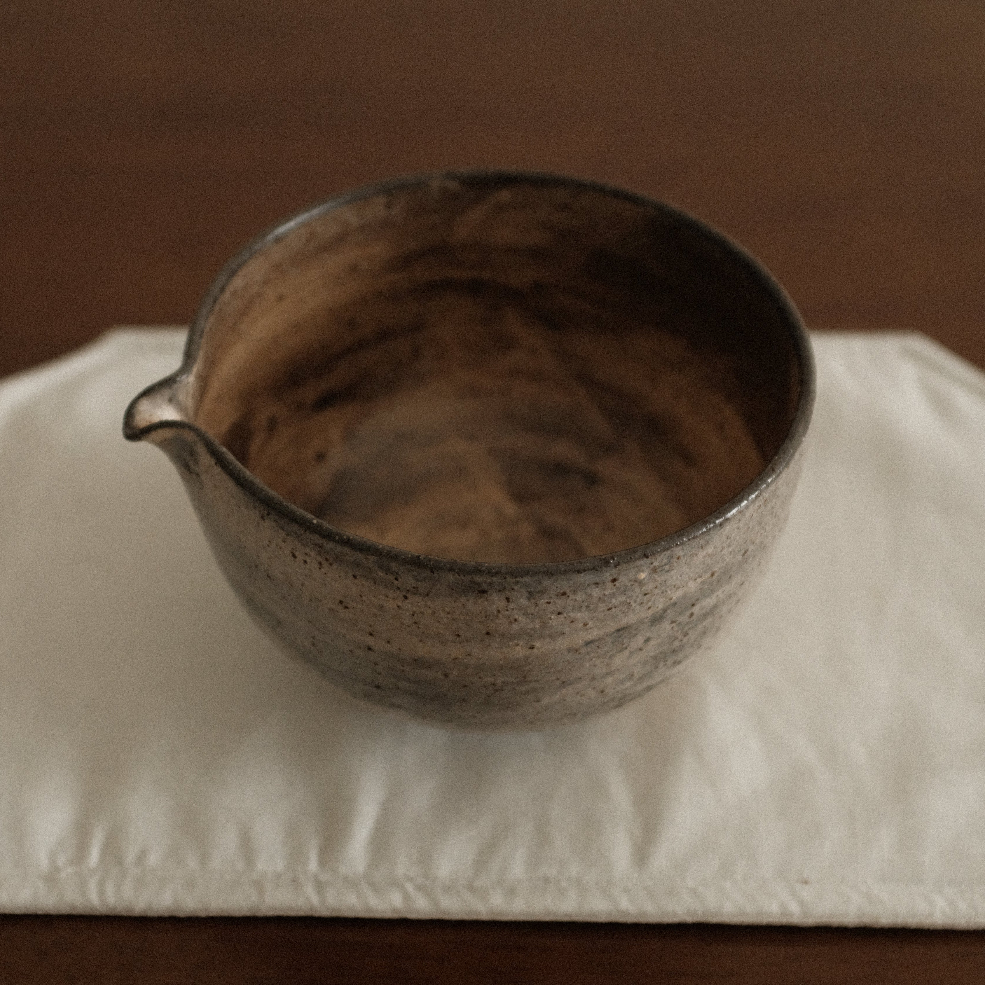Yuli Handmade Speckled Brown Grey Katakuchi Chawan Matcha Bowl Powdered Glaze Underglazed Stoneware