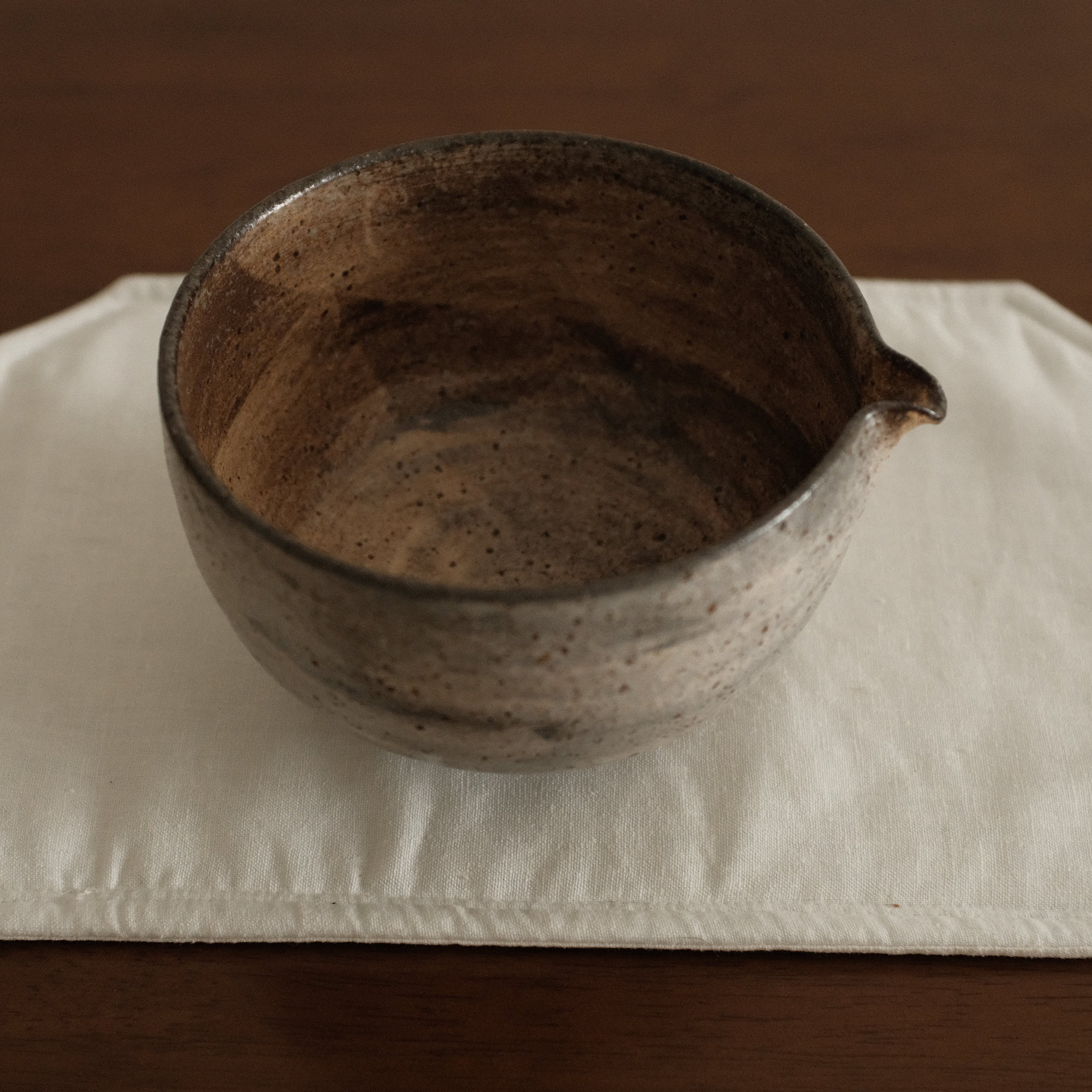 Yuli Handmade Speckled Brown Grey Katakuchi Chawan Matcha Bowl Powdered Glaze Underglazed Stoneware