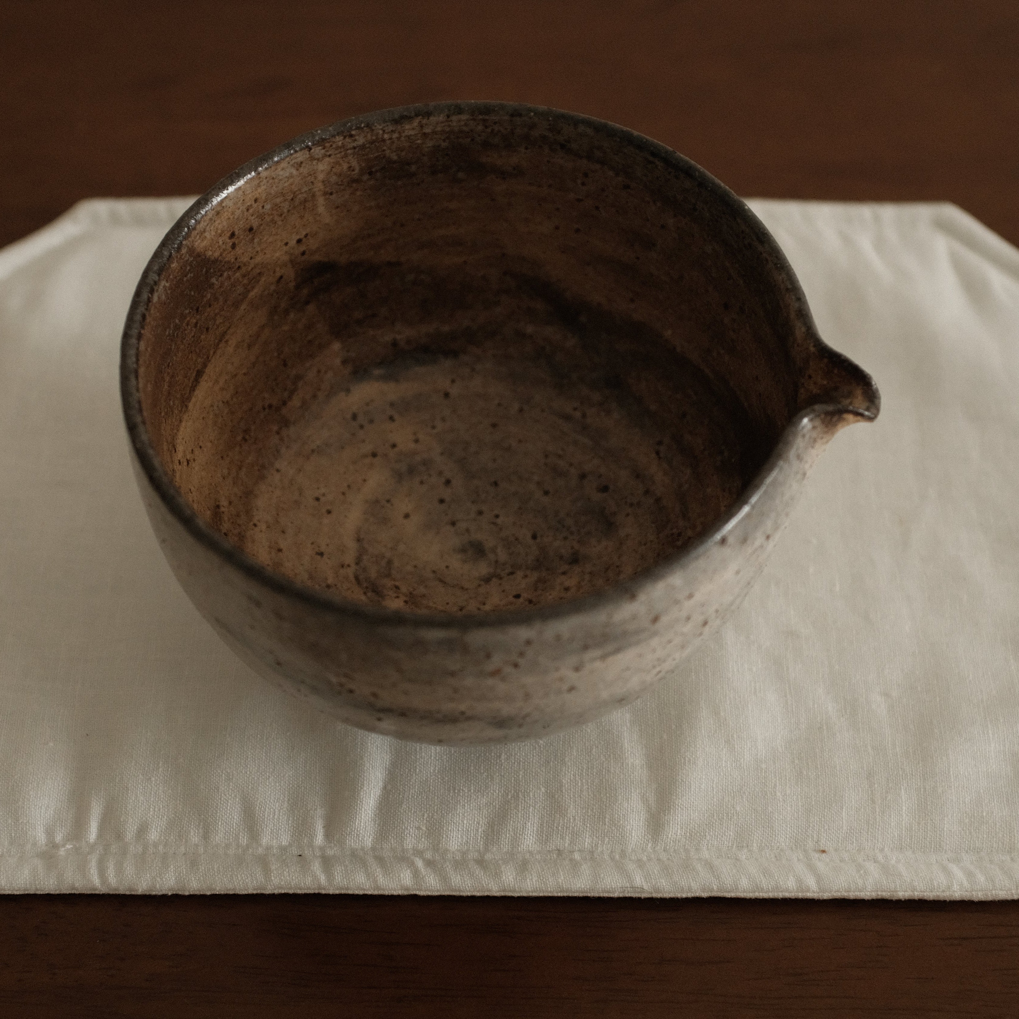 Yuli Handmade Speckled Brown Grey Katakuchi Chawan Matcha Bowl Powdered Glaze Underglazed Stoneware