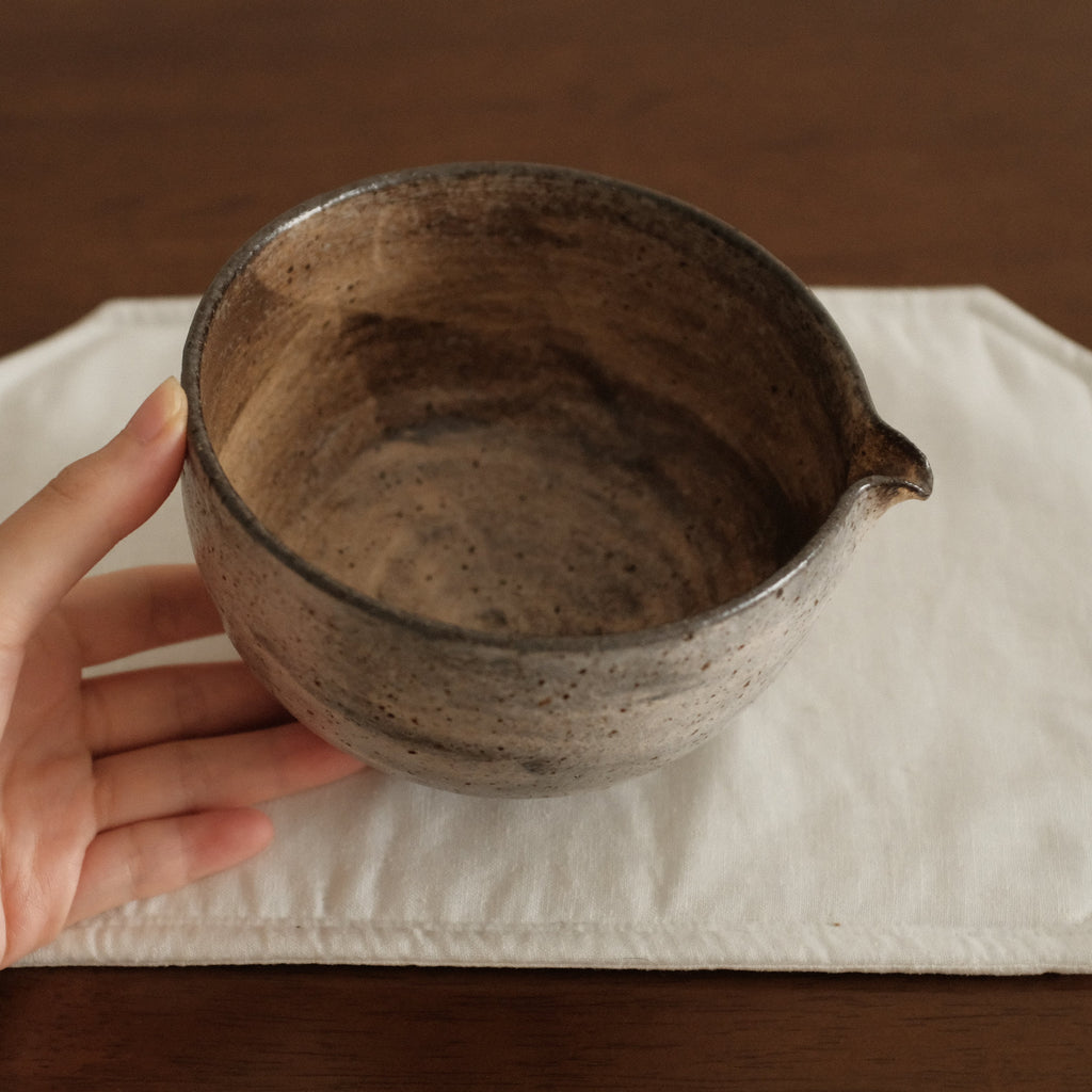 Yuli Handmade Speckled Brown Grey Katakuchi Chawan Matcha Bowl Powdered Glaze Underglazed Stoneware