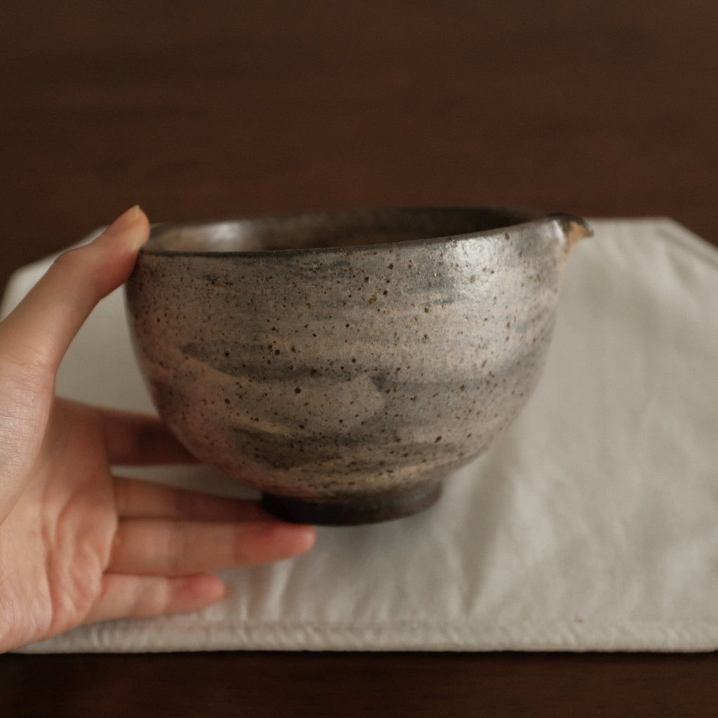Yuli Handmade Speckled Brown Grey Katakuchi Chawan Matcha Bowl Powdered Glaze Underglazed Stoneware