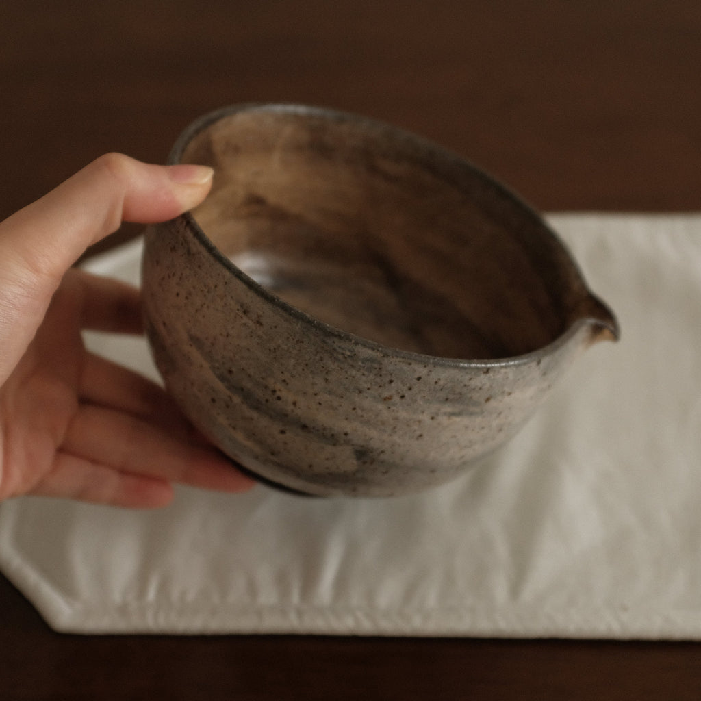Yuli Handmade Speckled Brown Grey Katakuchi Chawan Matcha Bowl Powdered Glaze Underglazed Stoneware