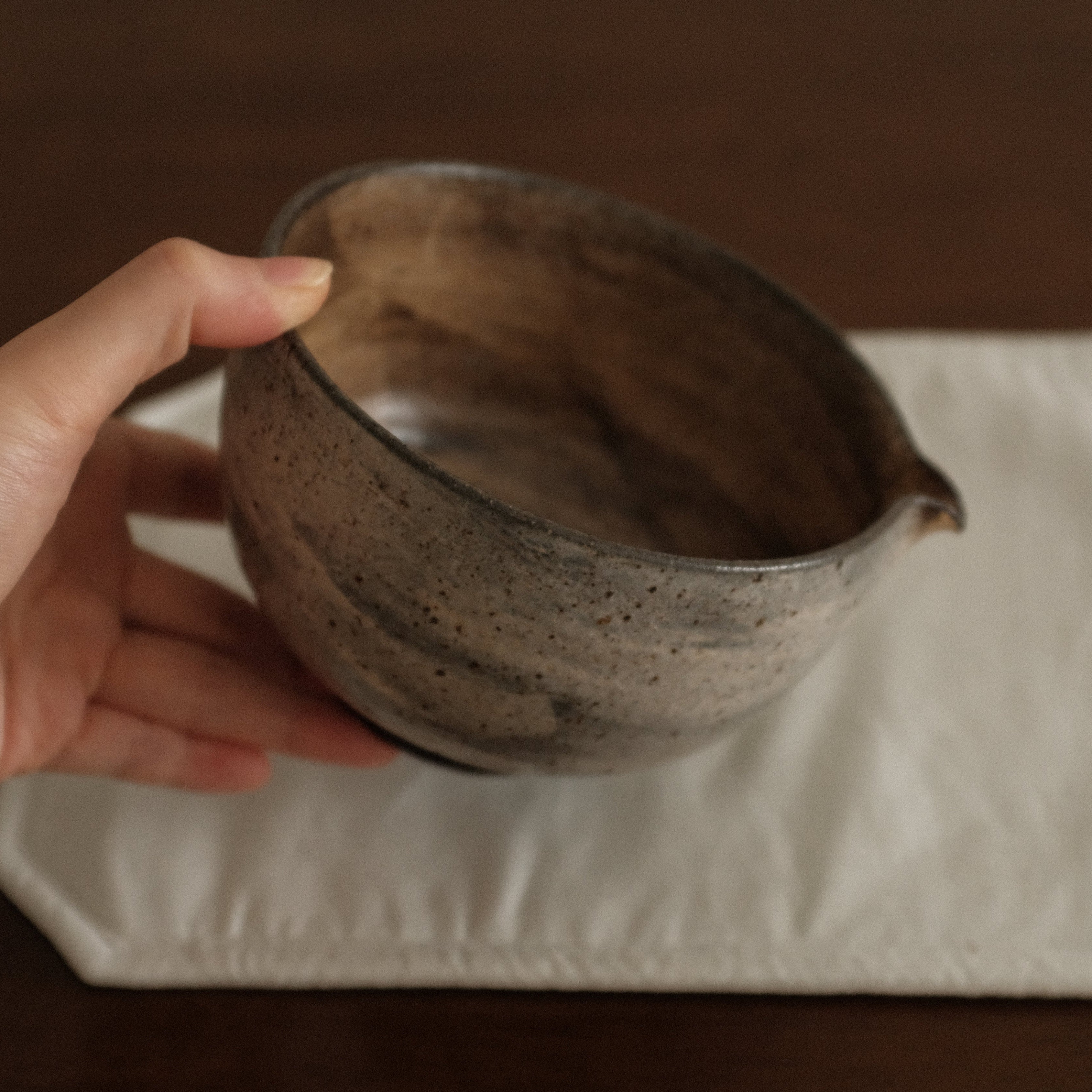 Yuli Handmade Speckled Brown Grey Katakuchi Chawan Matcha Bowl Powdered Glaze Underglazed Stoneware