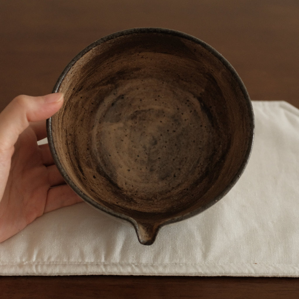 Yuli Handmade Speckled Brown Grey Katakuchi Chawan Matcha Bowl Powdered Glaze Underglazed Stoneware