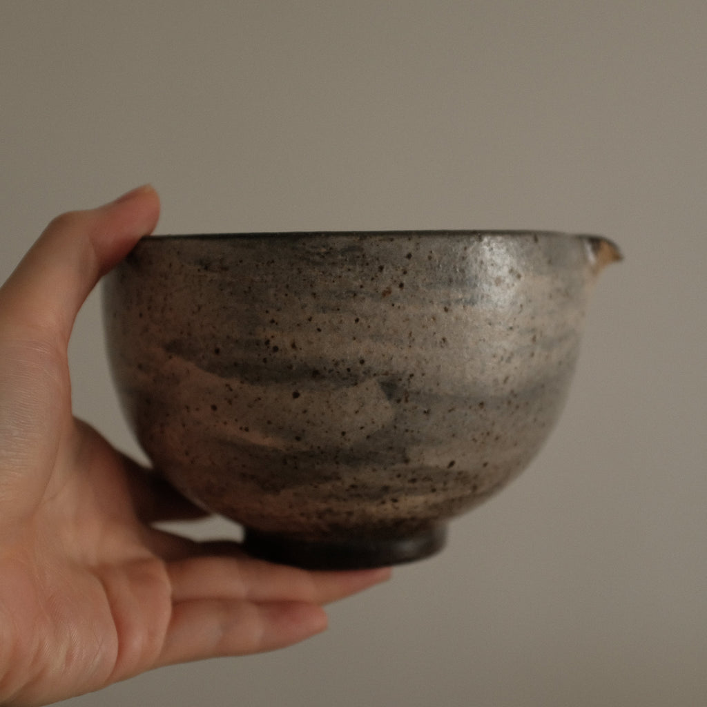 Yuli Handmade Speckled Brown Grey Katakuchi Chawan Matcha Bowl Powdered Glaze Underglazed Stoneware
