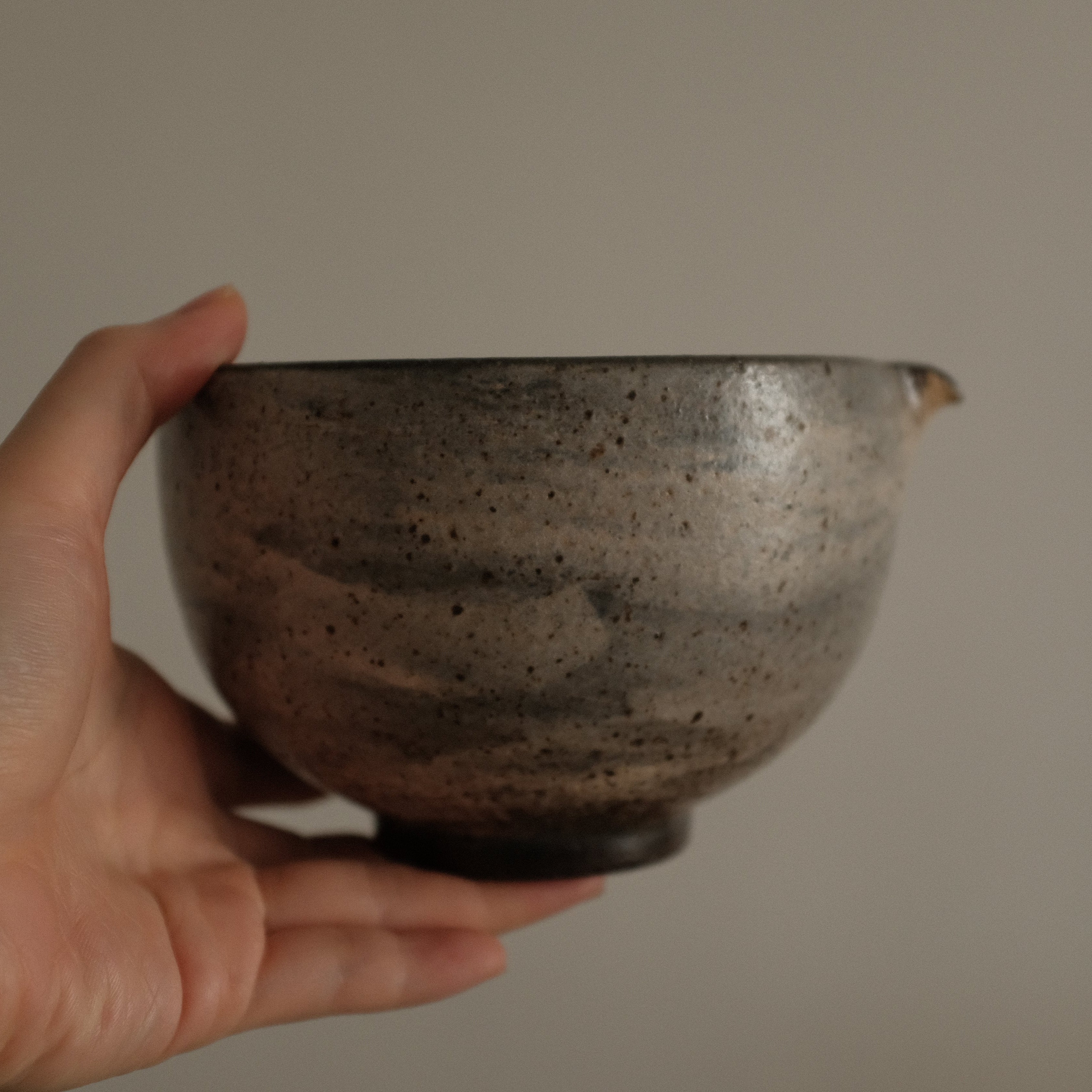 Yuli Handmade Speckled Brown Grey Katakuchi Chawan Matcha Bowl Powdered Glaze Underglazed Stoneware