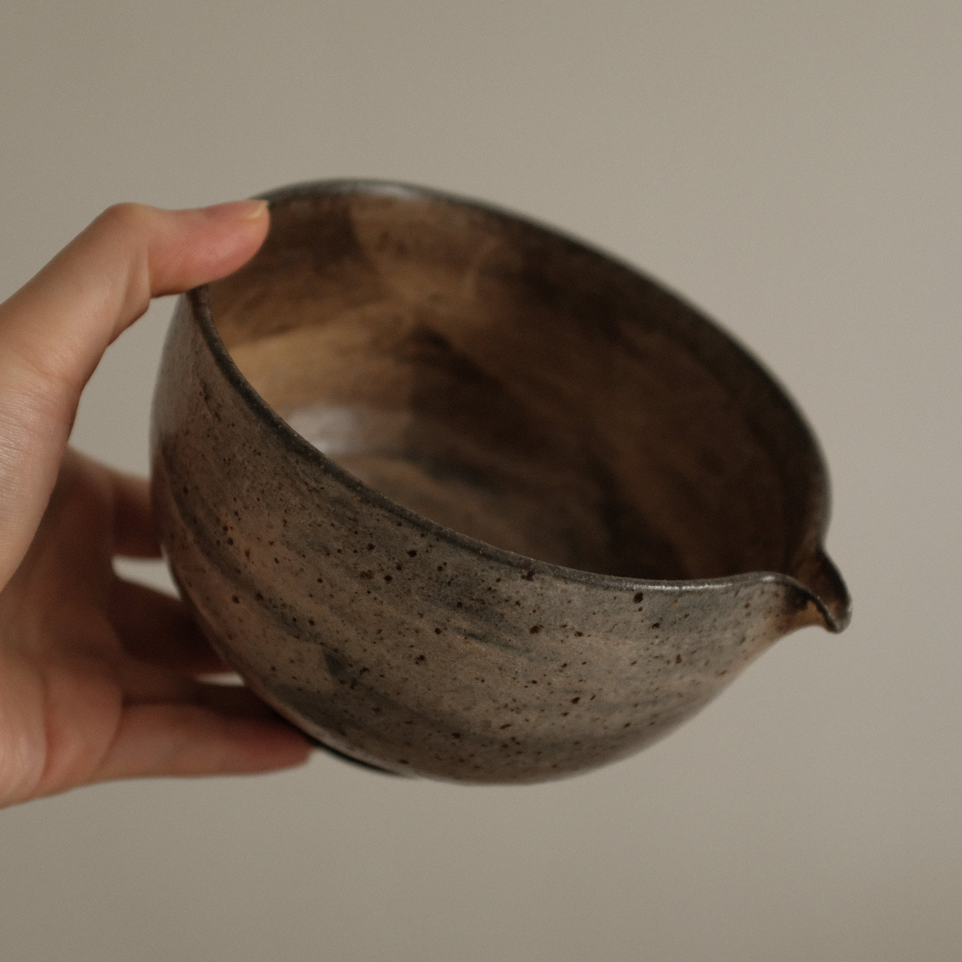Yuli Handmade Speckled Brown Grey Katakuchi Chawan Matcha Bowl Powdered Glaze Underglazed Stoneware