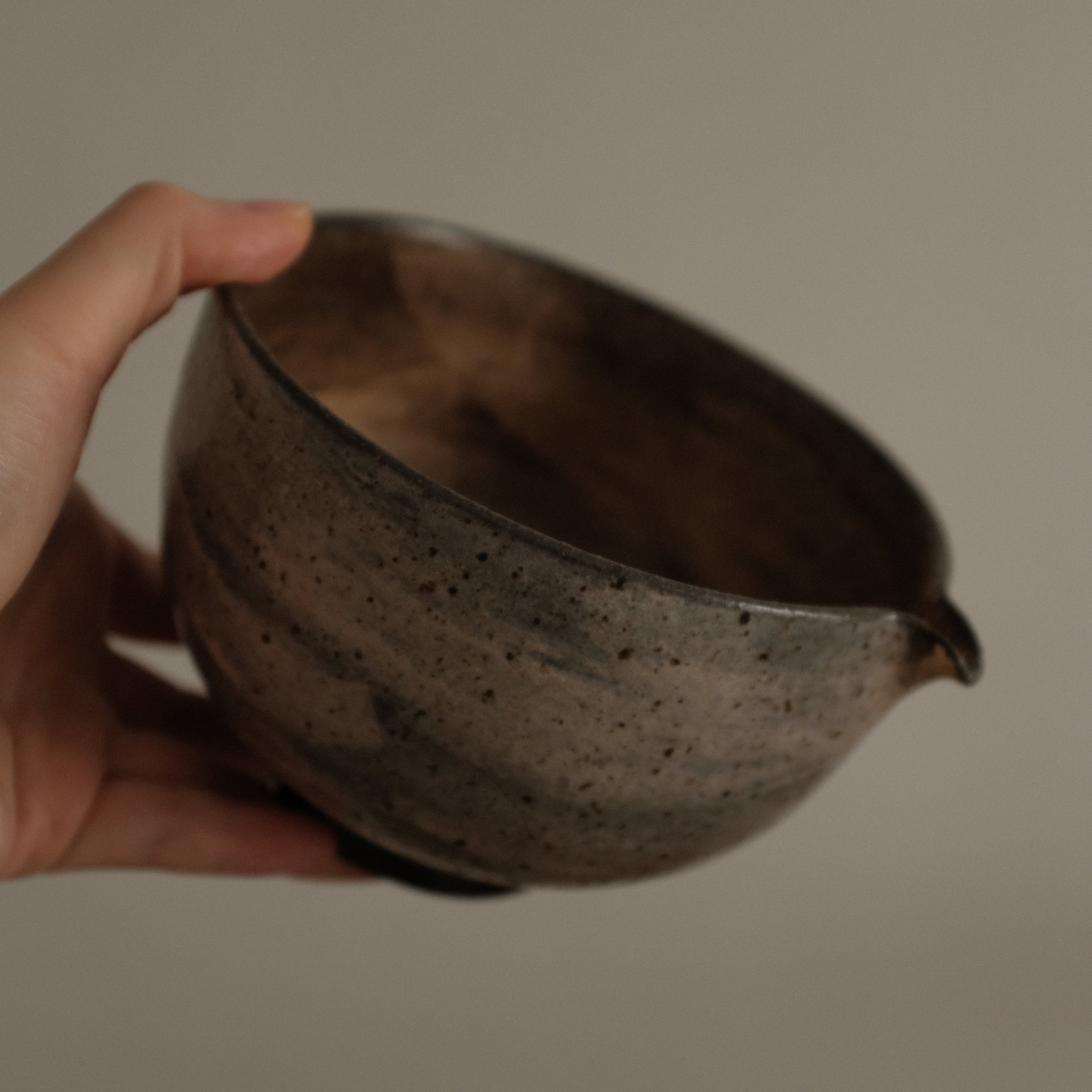 Yuli Handmade Speckled Brown Grey Katakuchi Chawan Matcha Bowl Powdered Glaze Underglazed Stoneware