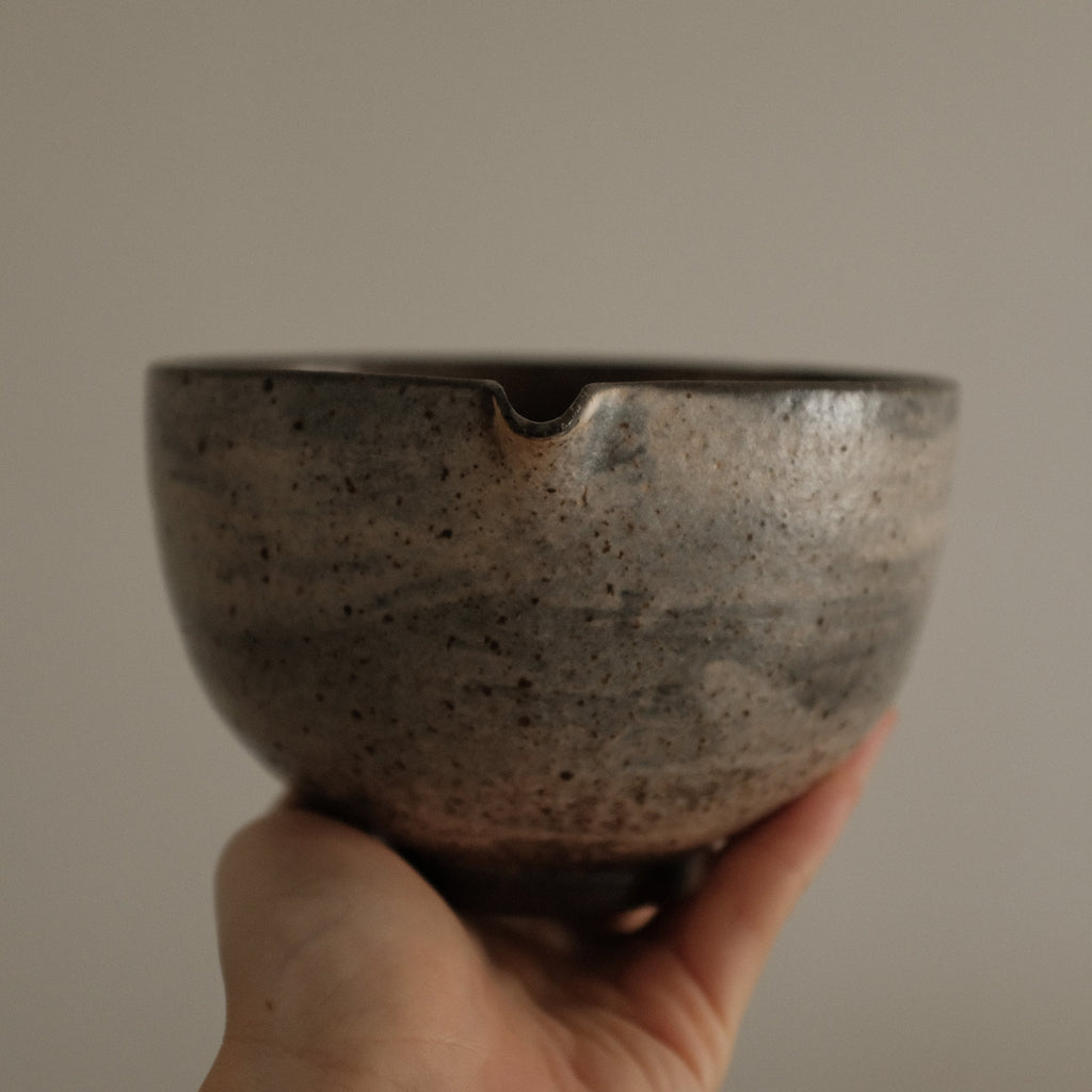 Yuli Handmade Speckled Brown Grey Katakuchi Chawan Matcha Bowl Powdered Glaze Underglazed Stoneware