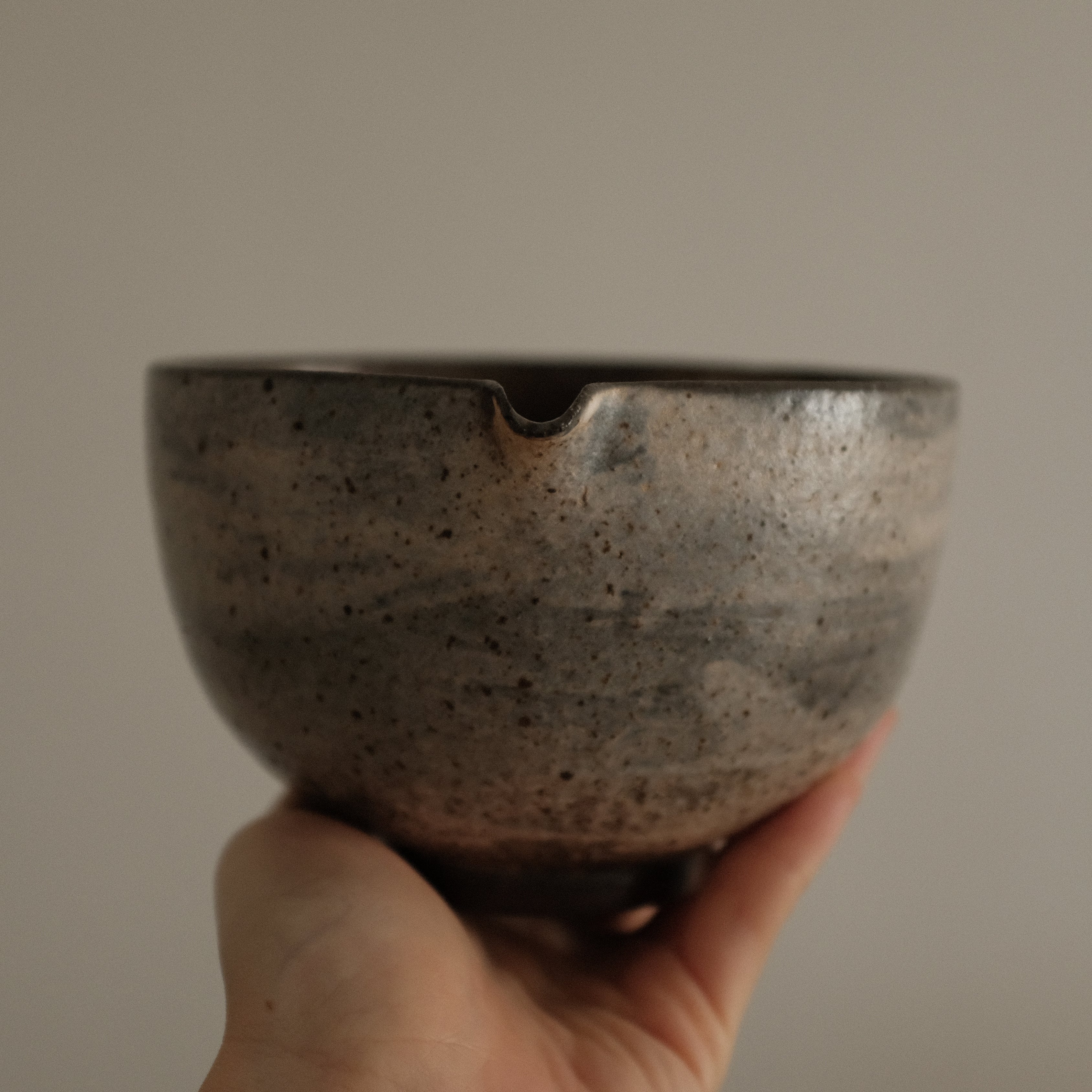 Yuli Handmade Speckled Brown Grey Katakuchi Chawan Matcha Bowl Powdered Glaze Underglazed Stoneware