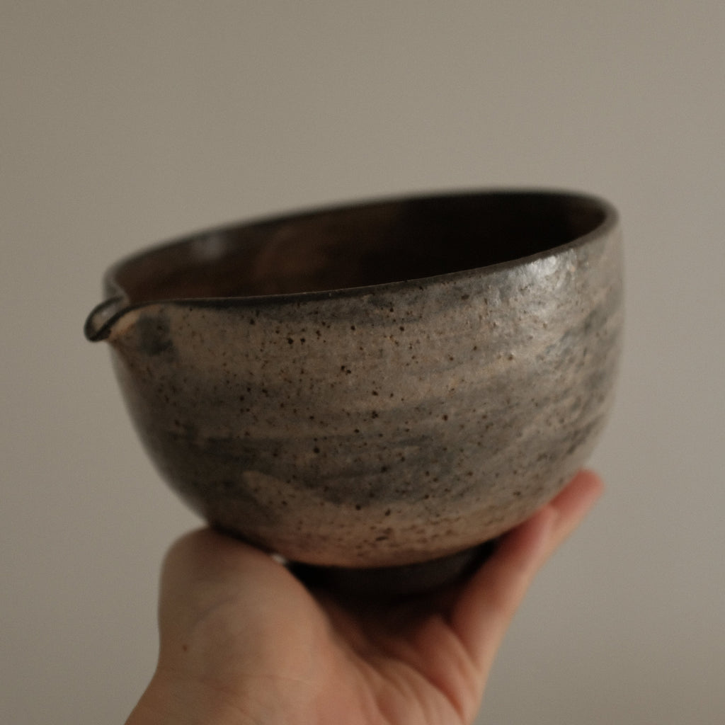 Yuli Handmade Speckled Brown Grey Katakuchi Chawan Matcha Bowl Powdered Glaze Underglazed Stoneware