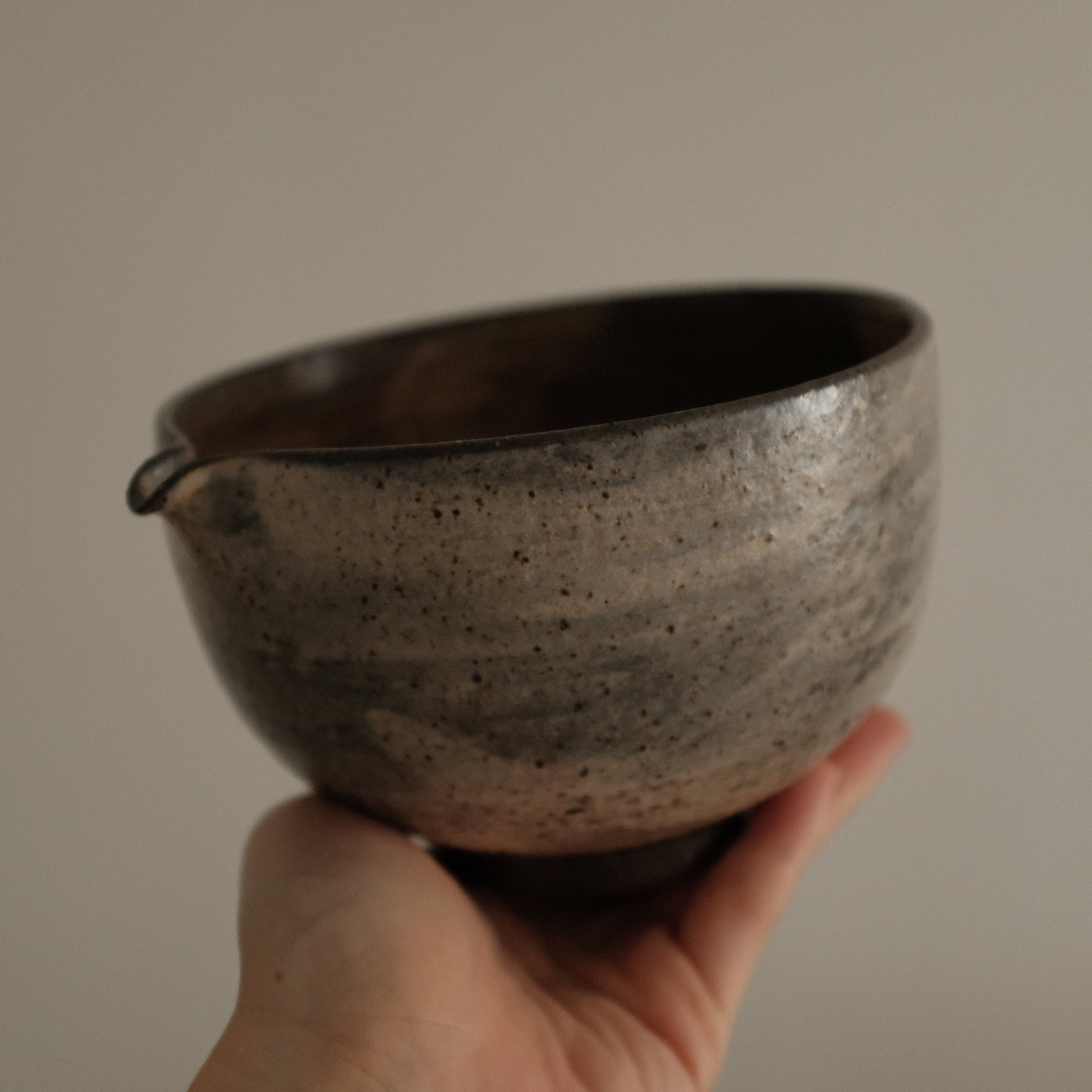 Yuli Handmade Speckled Brown Grey Katakuchi Chawan Matcha Bowl Powdered Glaze Underglazed Stoneware
